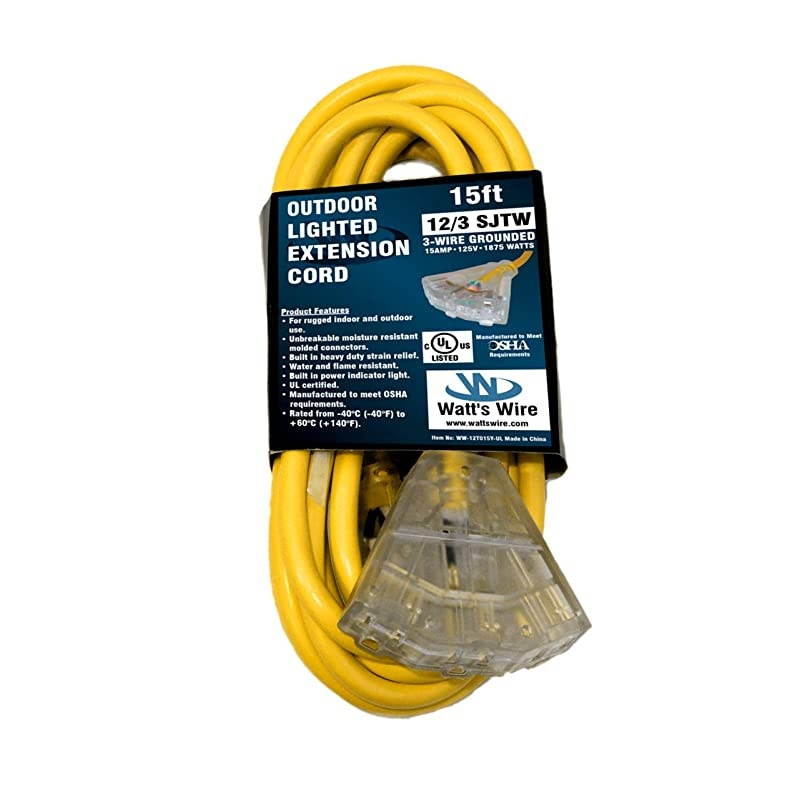 15ft 123 Heavy Duty 3Outlet Lighted SJTW IndoorOutdoor Extension Cord by Yellow 15 12Gauge Grounded 15Amp ThreeProng PowerCord 15 foot 12Awg
