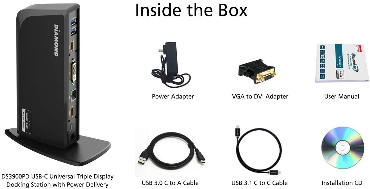 Diamond Multimedia DS3900PD Diamond Multimedia Triple Display 4K Universal Type-C Docking Station with Power Delivery (65W) for Mac and Windows Equipped Type-C/Thunderbolt 3 Laptops