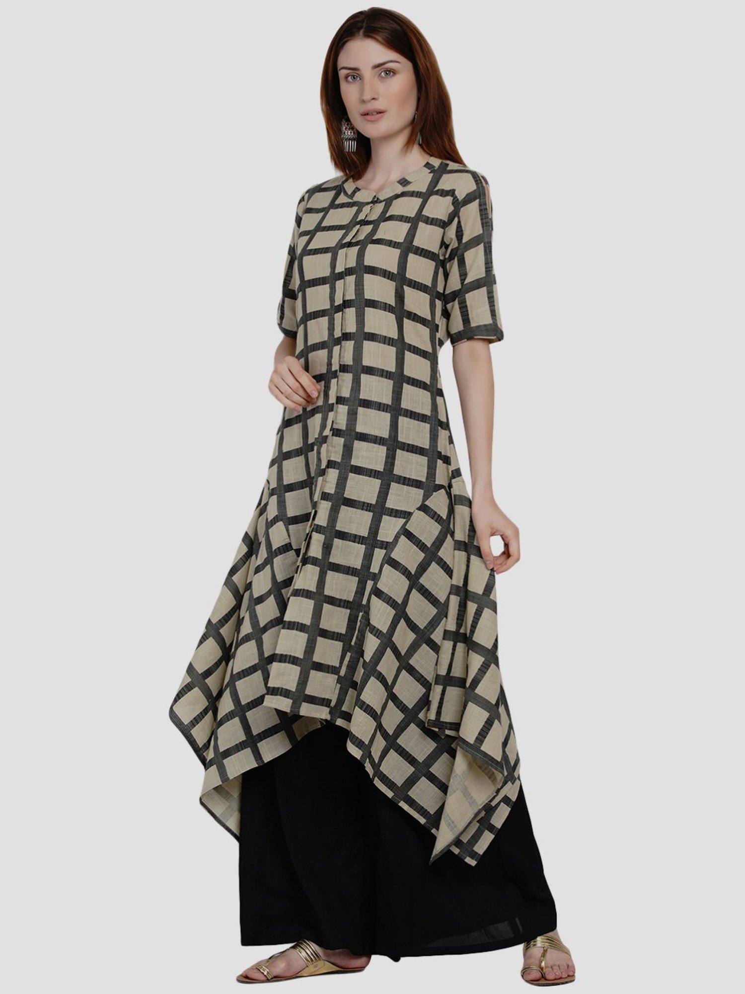Women Republic Beige Cotton Chequered A Line Kurta