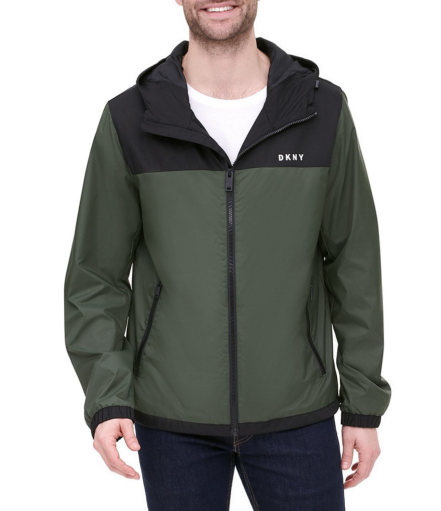 DKNY Long-Sleeve Mixed-Media Color-Block Hooded Rain Slicker