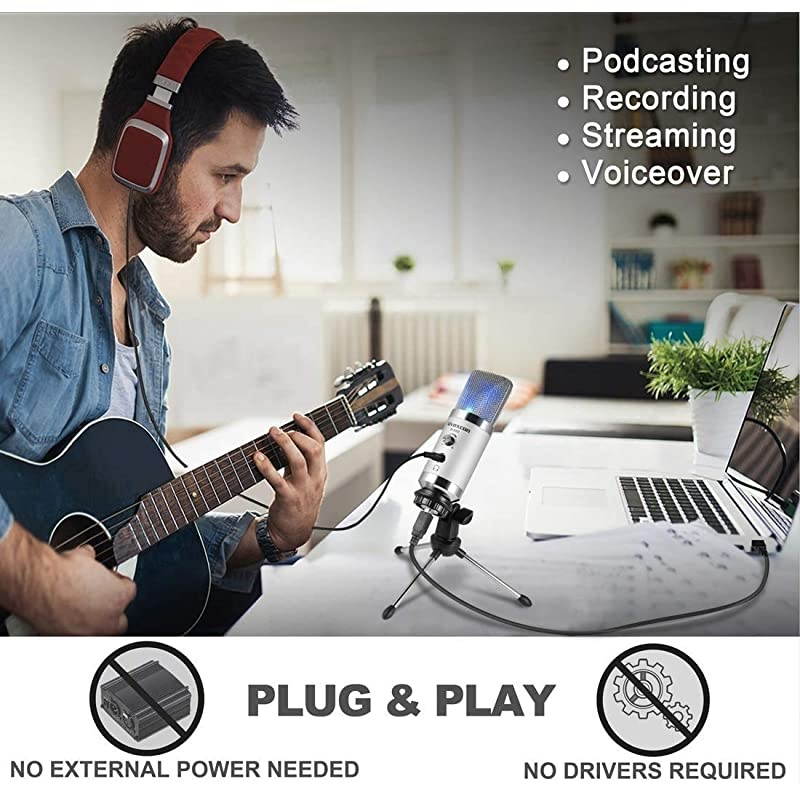 USB Microphone  Computer Mic with Headphone Monitor Jack for Mac amp Windows PC Laptop Podcasting Studio Recording Steaming Twitch Voiceover PS4 Gaming YouTube Videowith Desktop Stand