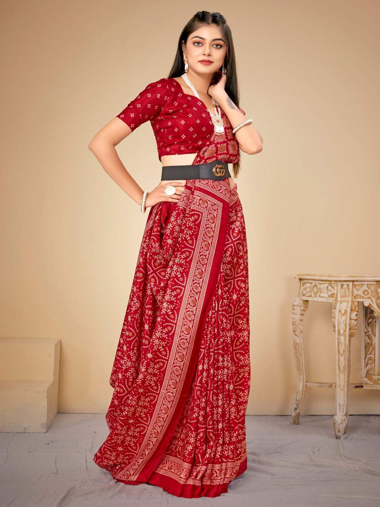 Saree Mall Red Silk Printed Saree With Unstitched Blouse