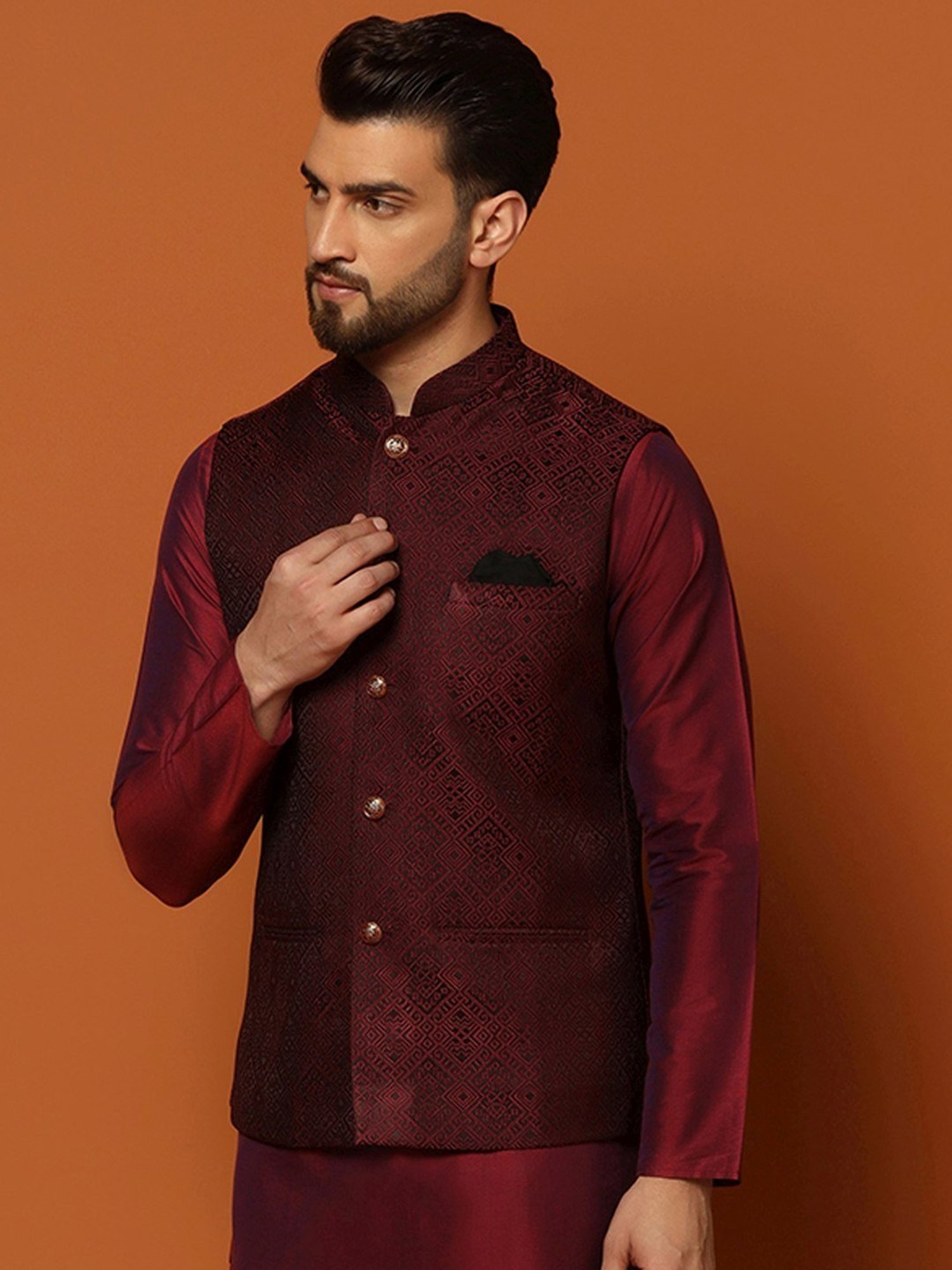 KISAH Maroon Regular Fit Self Pattern Nehru Jacket