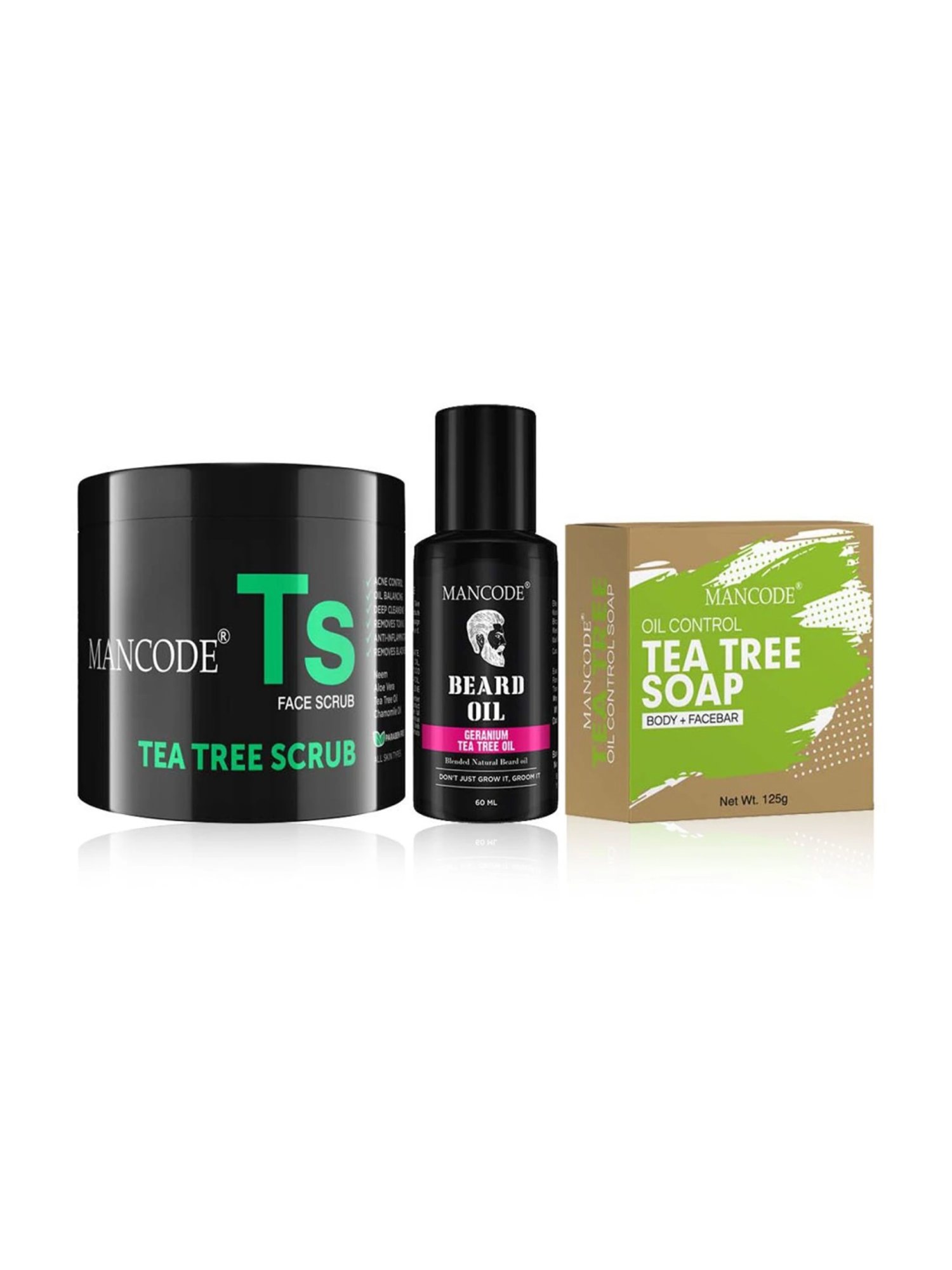 Mancode Geranium & Tea Tree Beard Oil & Tea Tree Soap & Tea Tree Scrub (Pack of 3)