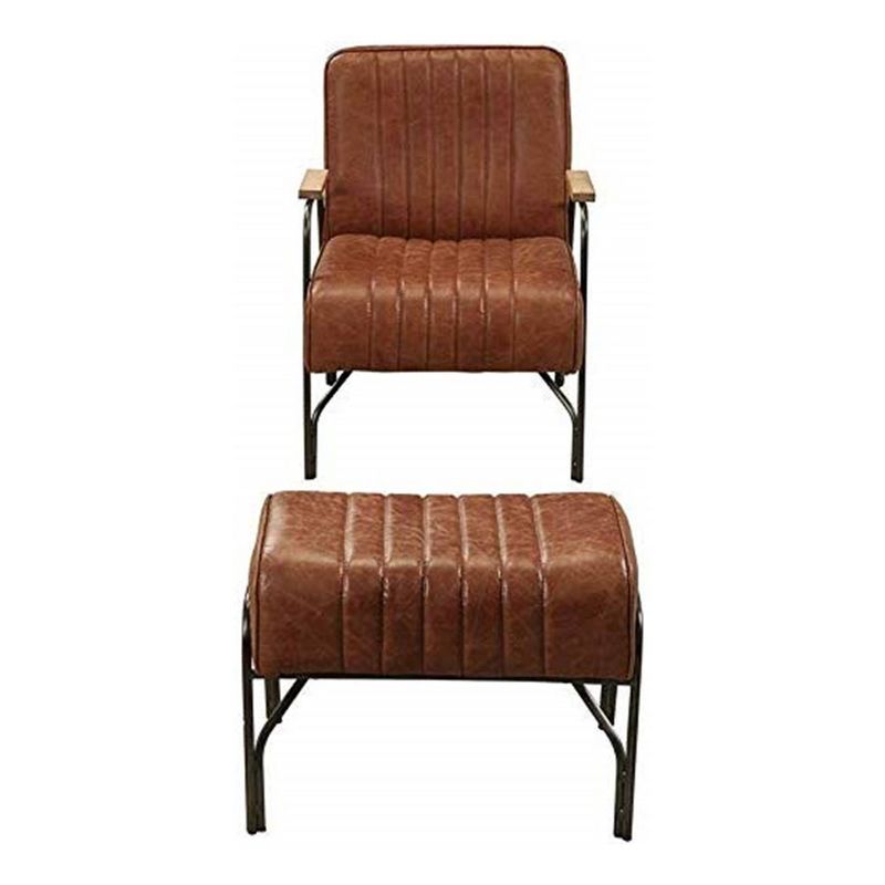 Set of 2 Stitched Faux Leather Upholstered Metal Chair and Ottoman Dark Brown - Benzara