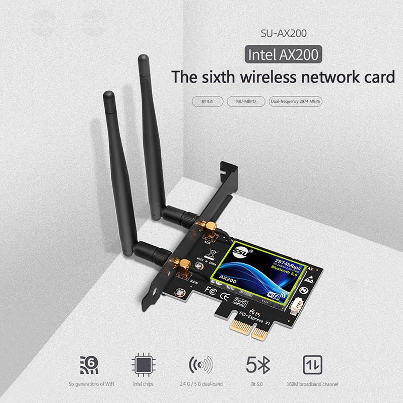 Wireless Dual Band PCI Express WiFi Adapter PCI-E Network Card 2974 Mbps WIfi 6 AX200 2.4G/5G With Antennas Desktop PC Windows 10