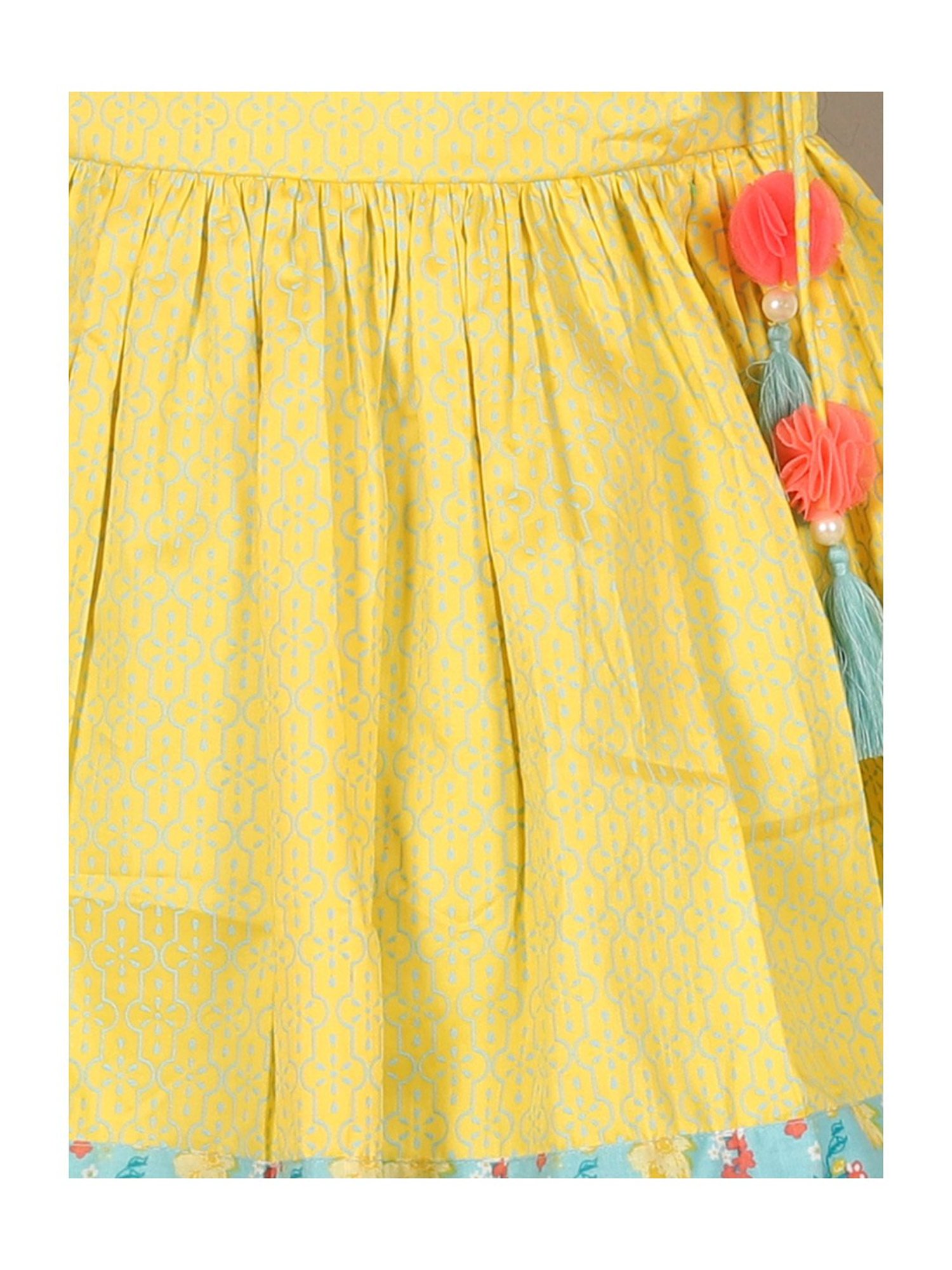 Lil Drama Kids Yellow & Blue Floral Print Kurta with Dhoti