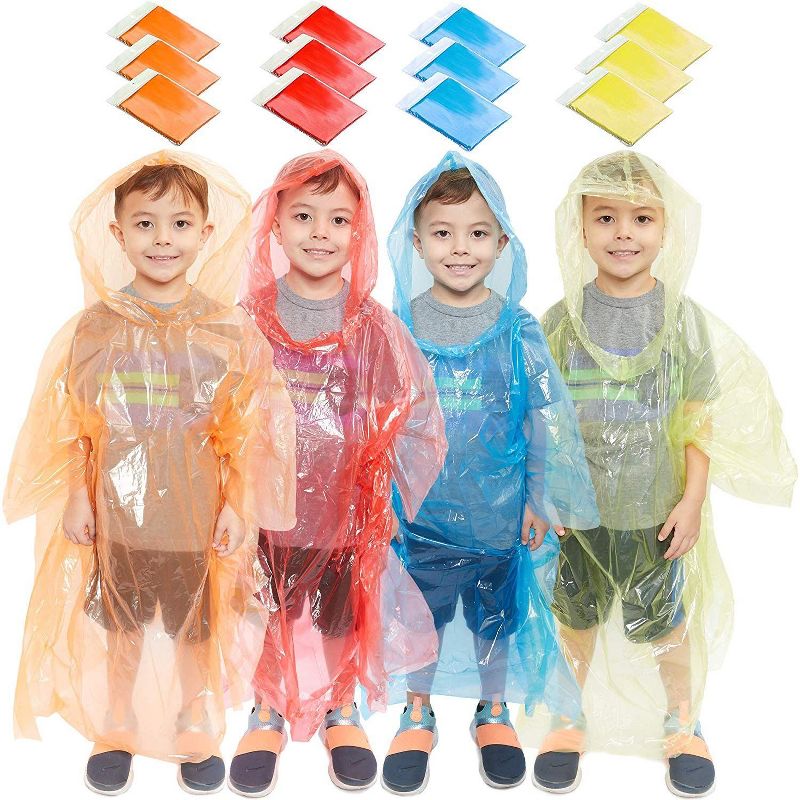 Juvale 12 Pack Emergency Rain Ponchos for Kids with Hood, Disposable, 4 Colors