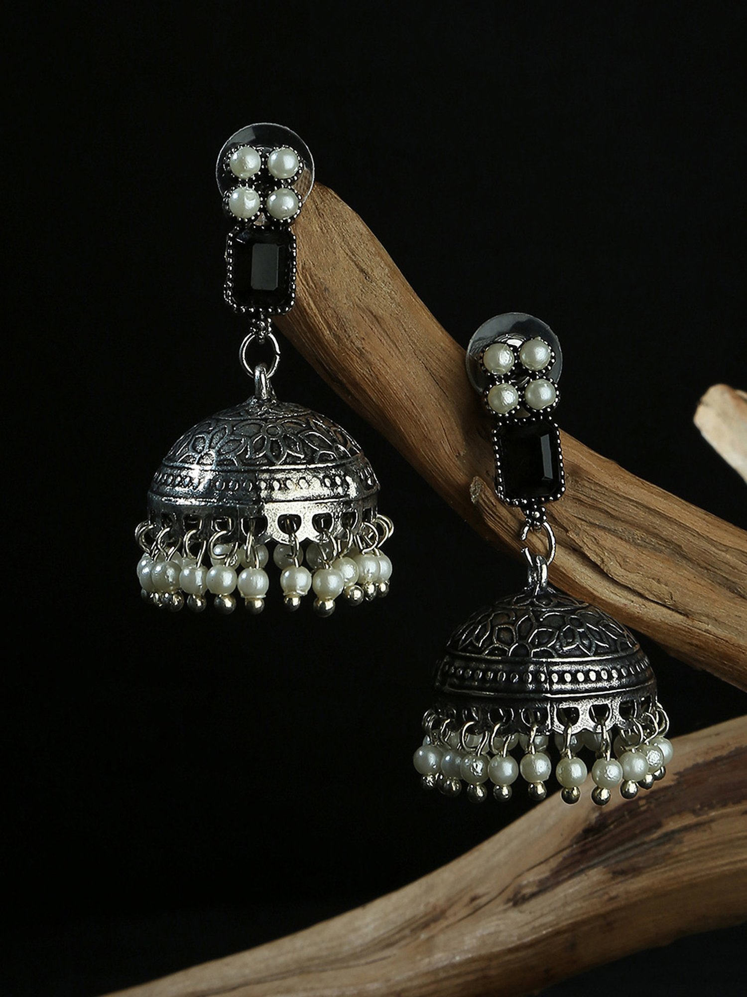 Fida Black Stone Dome Black and Pearl White Jhumki Earrings
