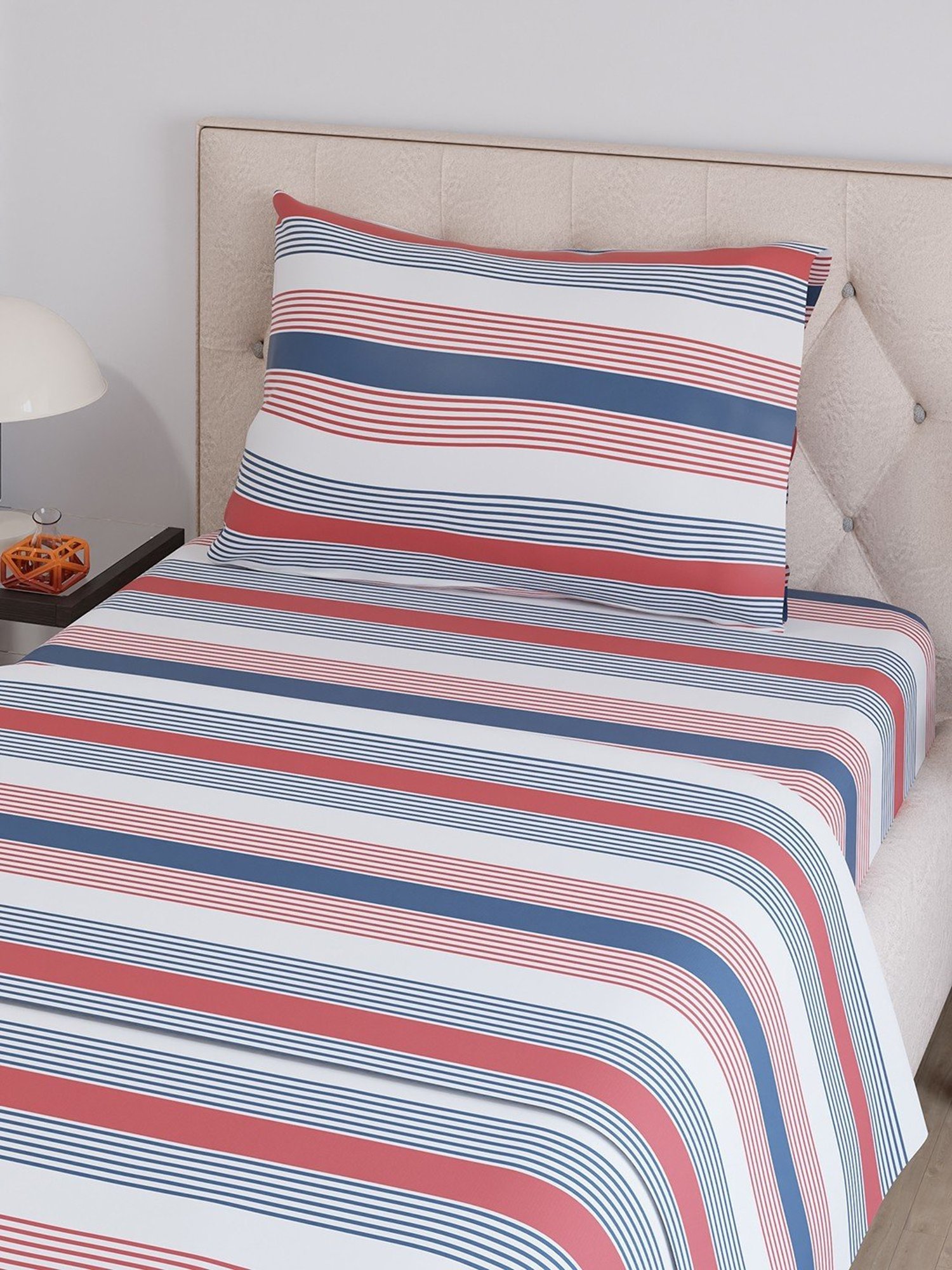 Layers Zen Red & Blue Cotton Blend 225 TC Single Bedsheet with Pillow Cover