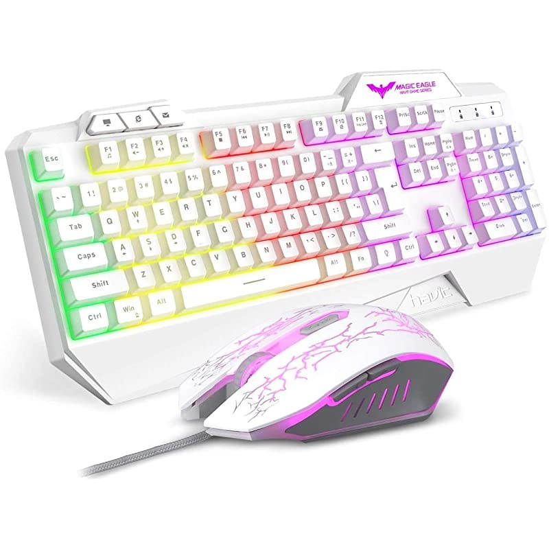 Keyboard Rainbow Backlit Wired Gaming Keyboard Mouse Combo LED 104 Keys USB Ergonomic Wrist Rest Keyboard 4800 DPI Mouse for PC Gamer White