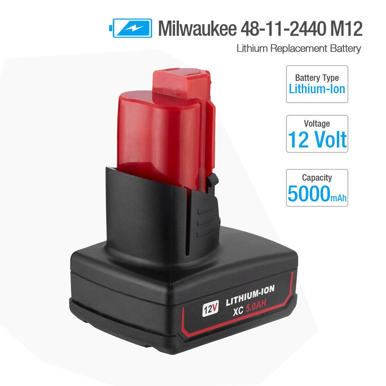 2X 12V 5.0AH For Milwaukee M12 48-11-2460 XC 5.0 Lithium Battery 48-11-2440 2401