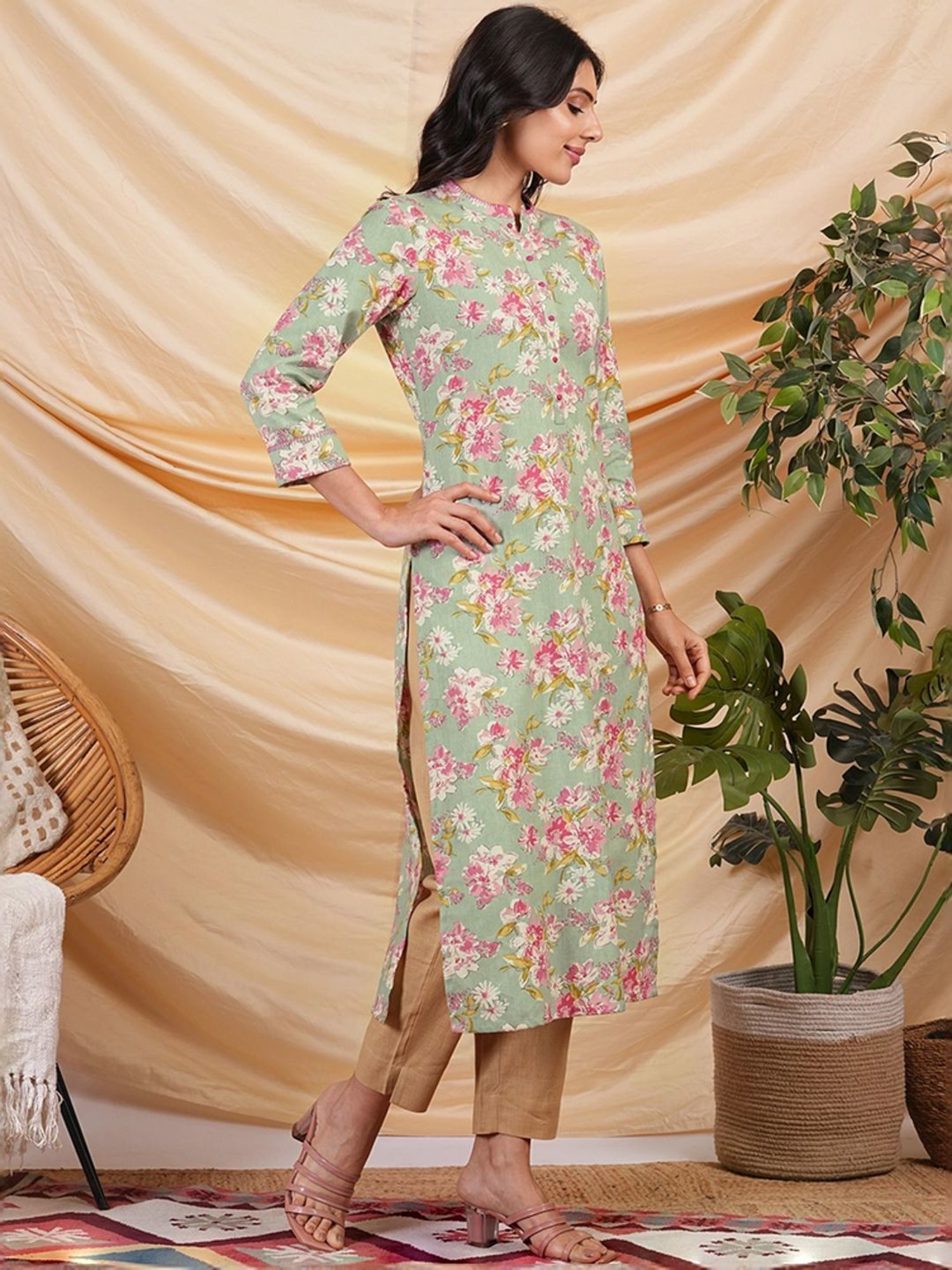 Kami Kubi Green Cotton Printed Straight Kurta
