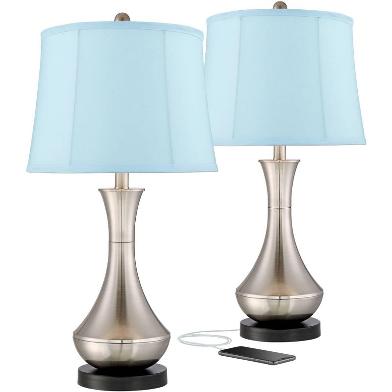 360 Lighting Simon Brushed Nickel USB Blue Softback Table Lamps Set of 2