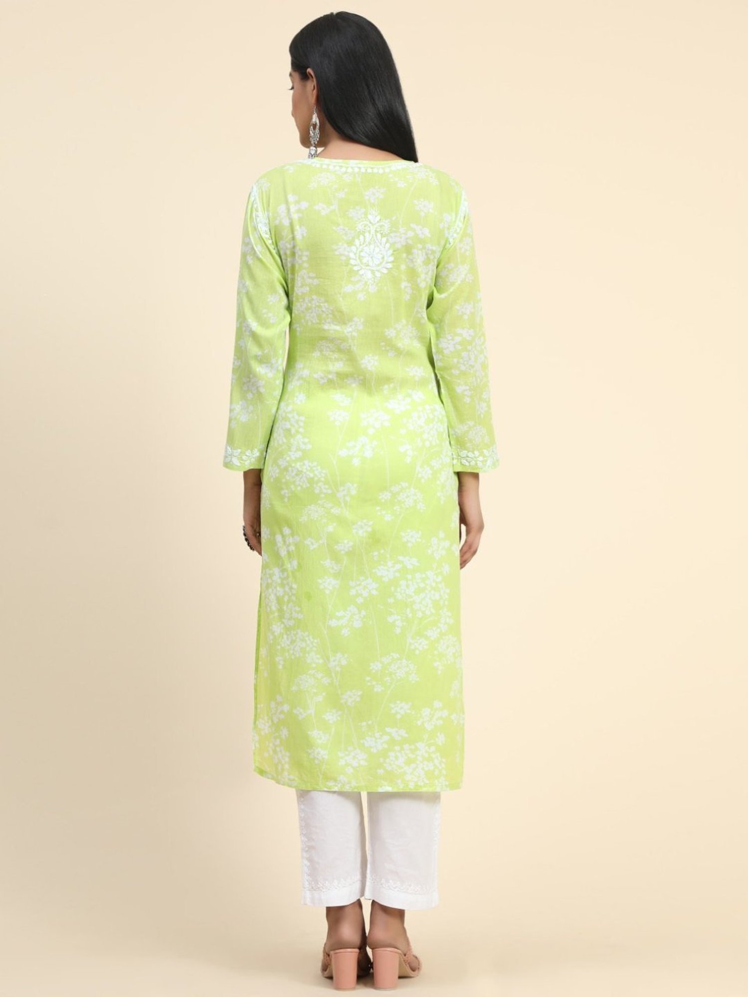 House Of Kari Noor Printed Emb Kurta in Mul-Yellow Green