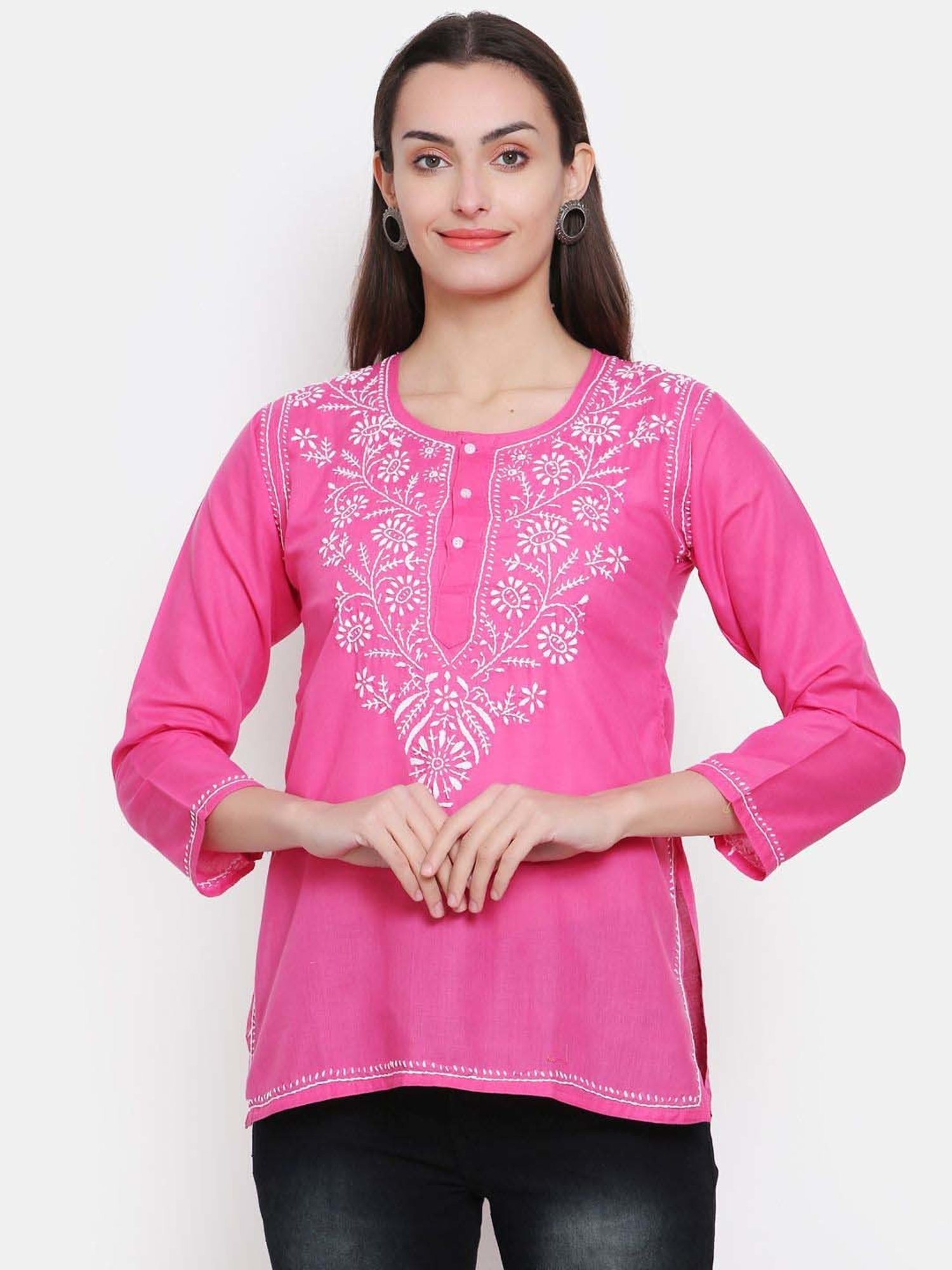 PARAMOUNT CHIKAN Hot Pink Cotton Chikankari Straight Kurti