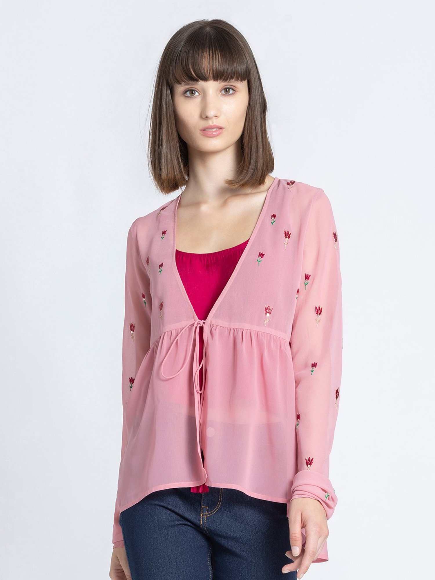 SHAYE Pink Embroidered Shrug With Inner