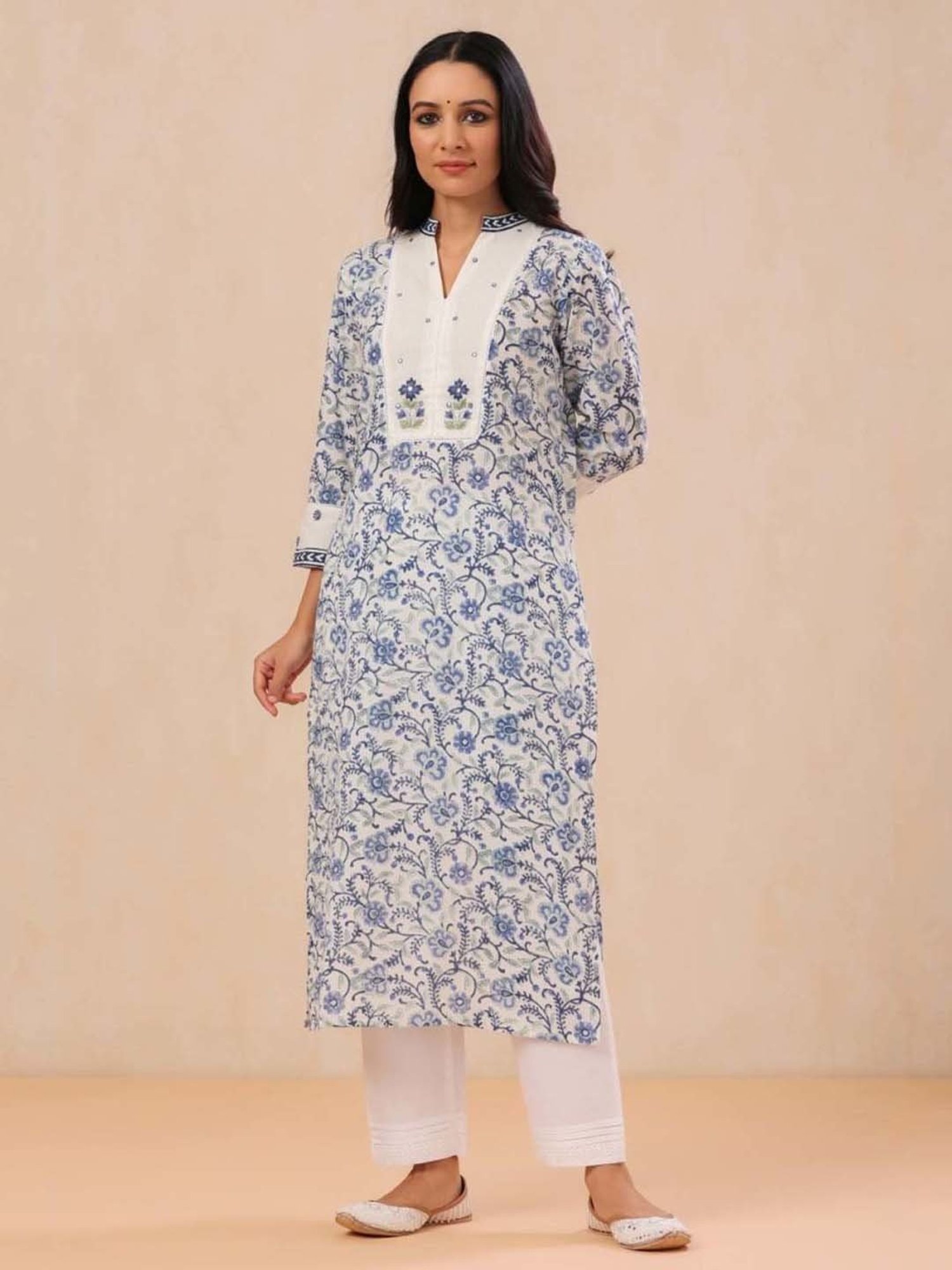 Prakriti Jaipur Summer Affair Blue Embroidery Jaal Kurta