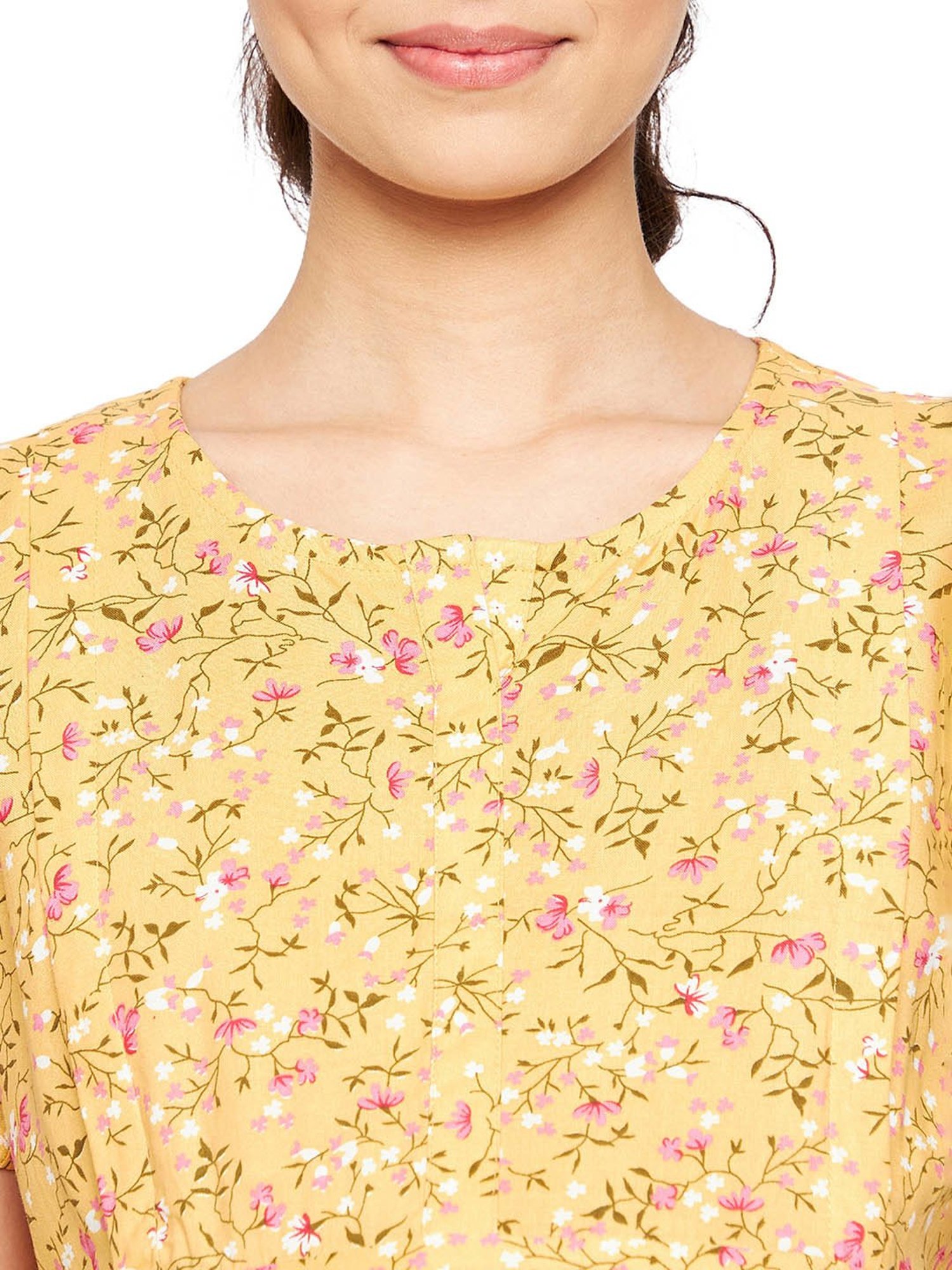 Hypernation Yellow Rayon Floral Print Maternity Night Dress