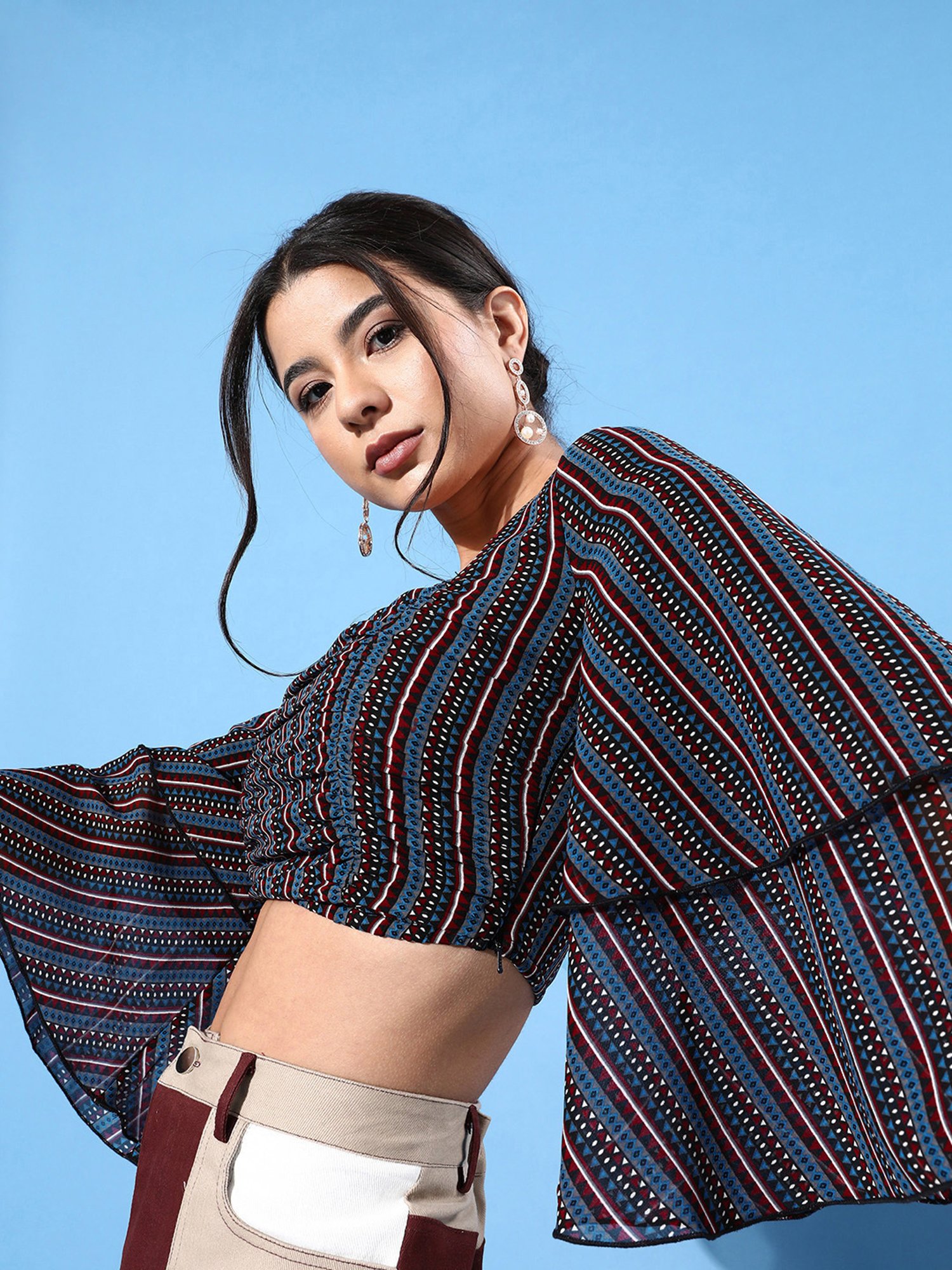 KASSUALLY Navy Printed Crop Top