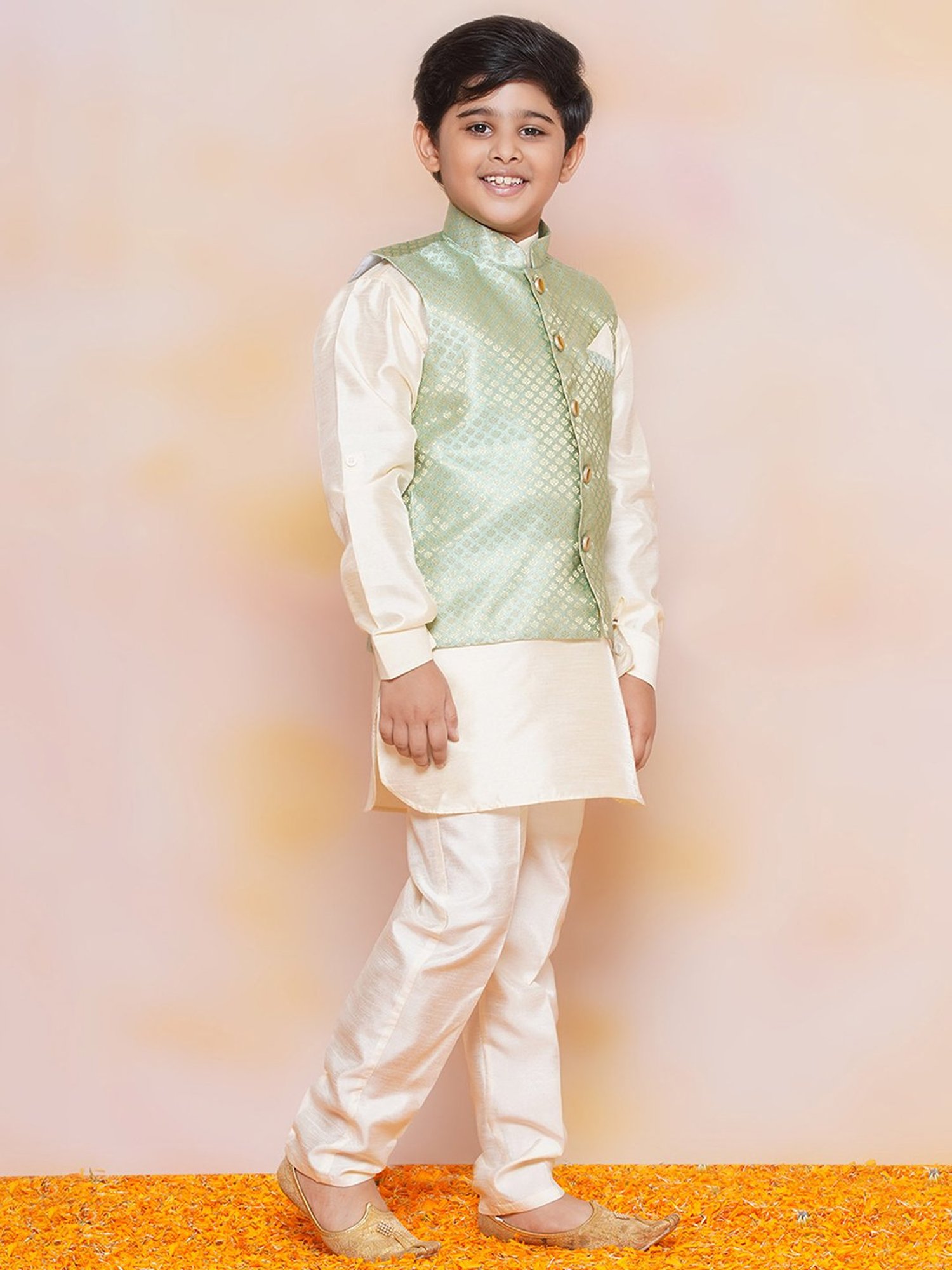 AJ Dezines Kids Green & White Printed Full Sleeves Kurta, Pyjamas with Waistcoat