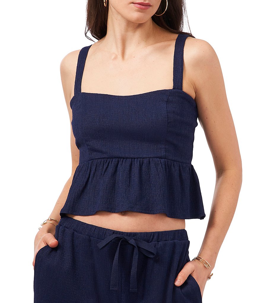 1. STATE Crinkle Knit Cropped Square Neck Sleeveless Peplum Top