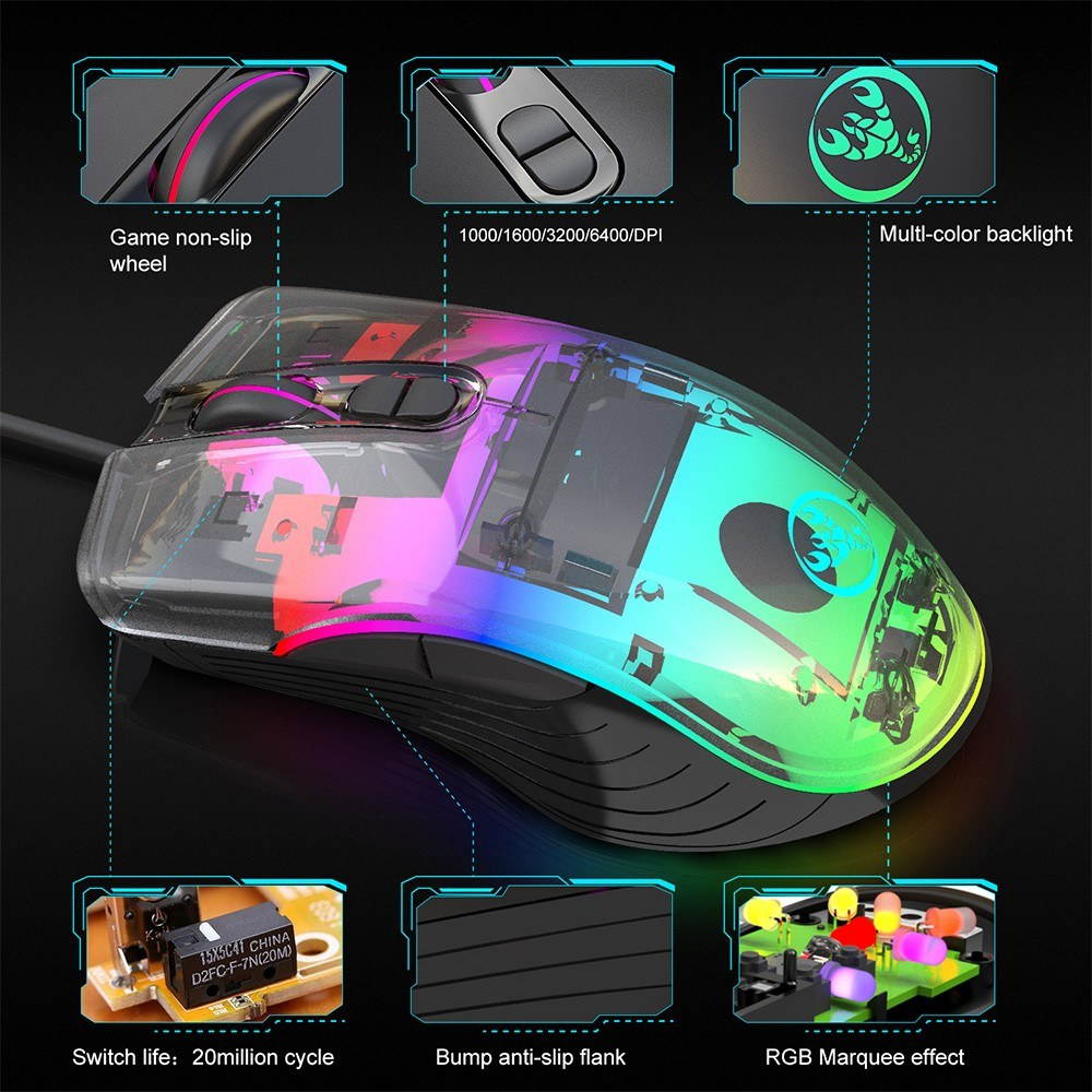 HXSJ Wired Gaming Mouse DPI6400 Optical Mice RGB Backlit Office Mouse 7 Buttons Ergonomic Design