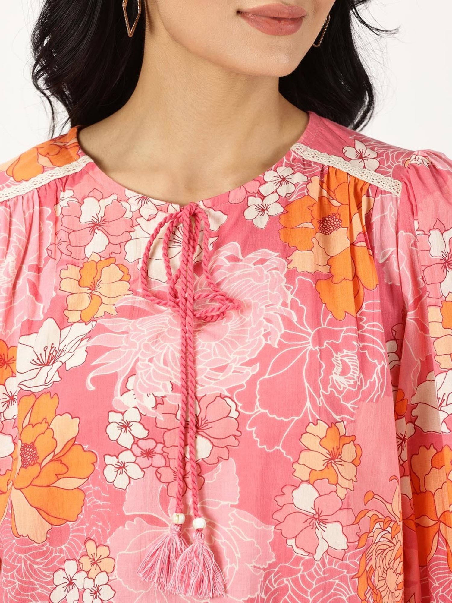 Saffron Threads Pink Cotton Floral Print Ethnic Dress