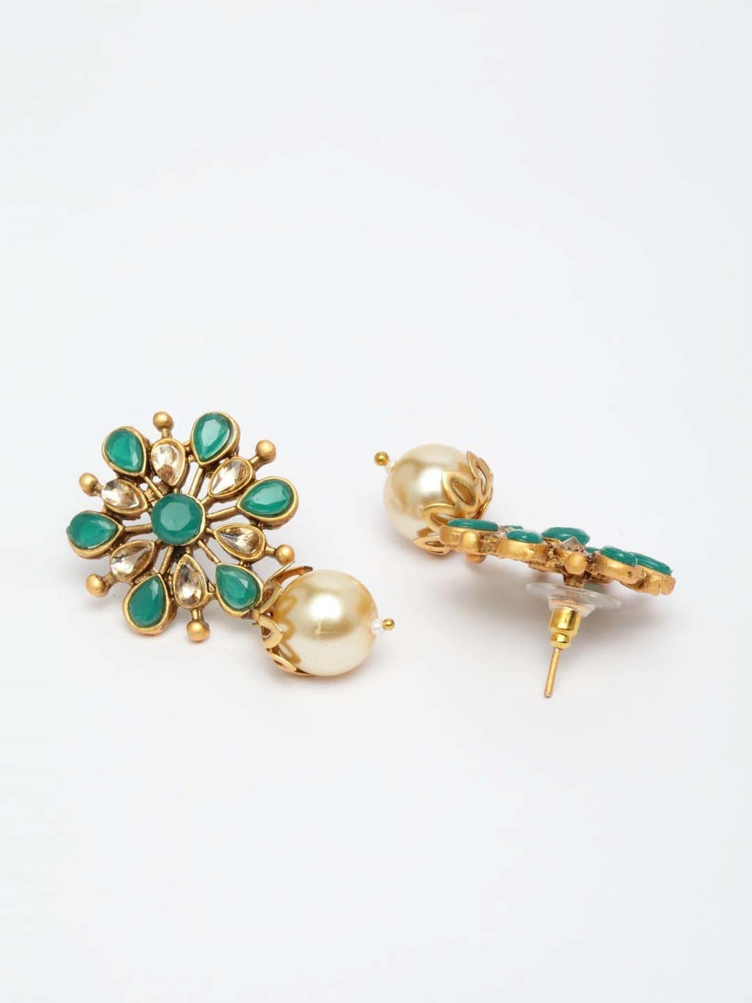 Panash Green Gold-Plated Floral Handcrafted Kundan Drop Earrings