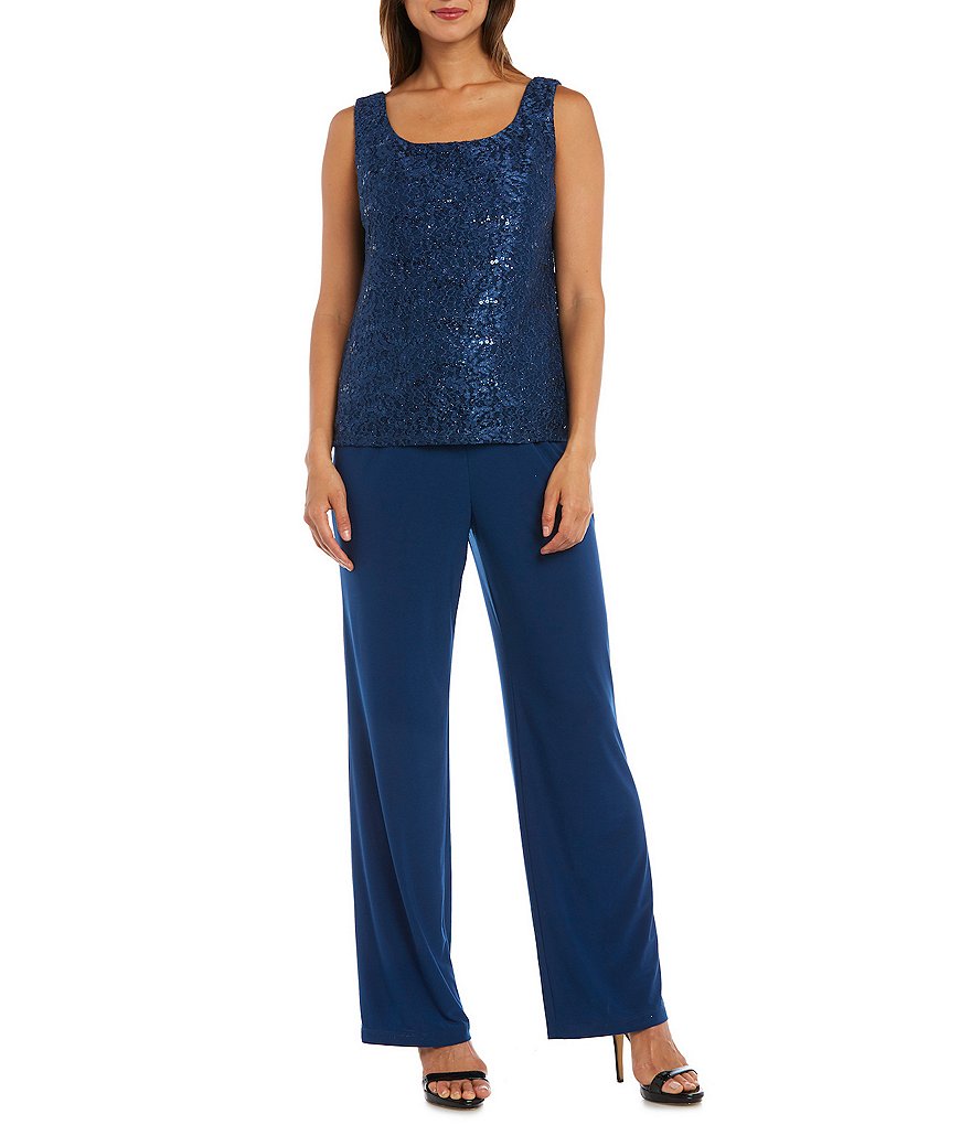 R & M Richards 3-Piece Sequin Glitter Scallop Lace Duster Pant Set