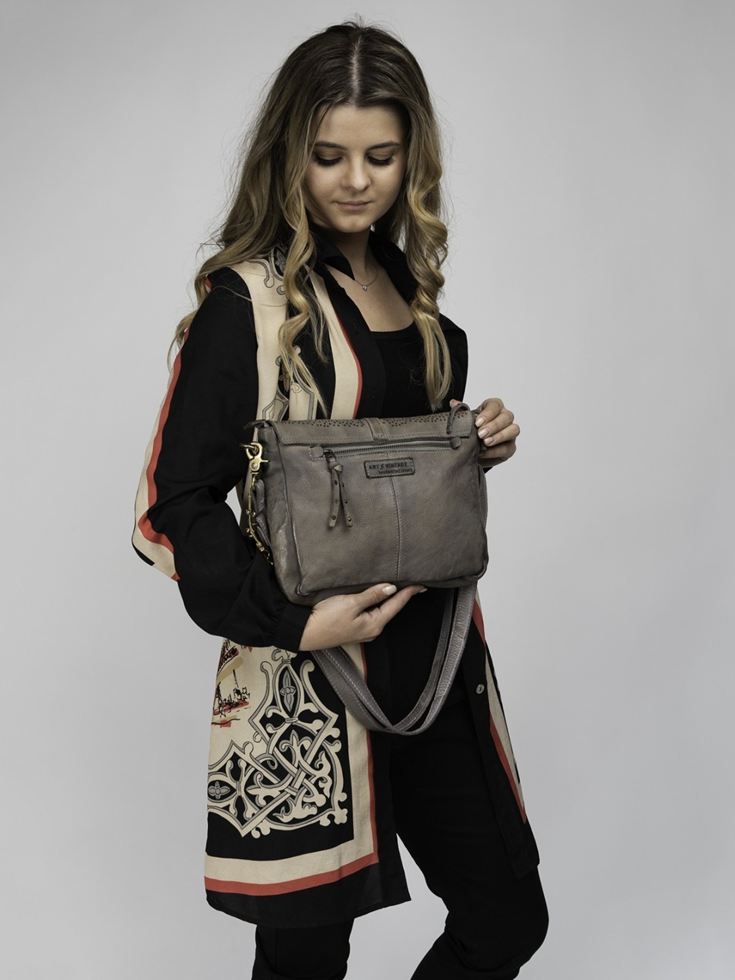 Art N Vintage Carob Grey Leather Textured Medium Sling Handbag