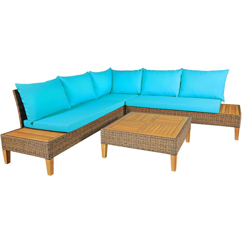 Costway 8PCS Patio Rattan Furniture Set Loveseat w/Wooden Side Table Cushioned Turquoise