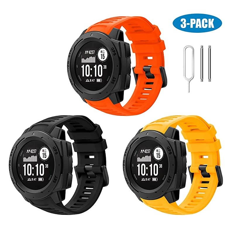 3-Pack Watch Bands for Garmin Instinct Watch,  Soft Silicone Adjustable Replacement Strap Watch Band Sport Wristband Fitness with Adapter Tools Compatible with Garmin Instinct GPS Smart Watch