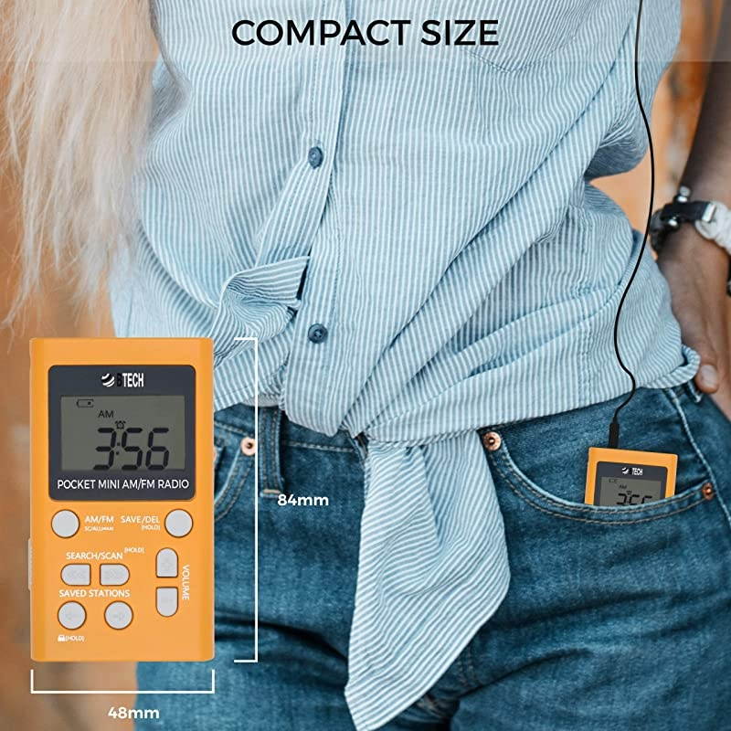 MPRAF1 AM FM Personal Radio with Two Types of Stereo Headphones Clock Great Reception and Long Battery Life Mini Pocket Walkman Radio with Headphones Orange