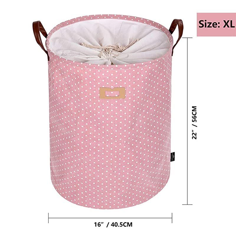 22-Inches Freestanding Laundry Basket with Lid, Collapsible Extra Large Drawstring Clothes Hamper Storage with Handle (Pink, XL)