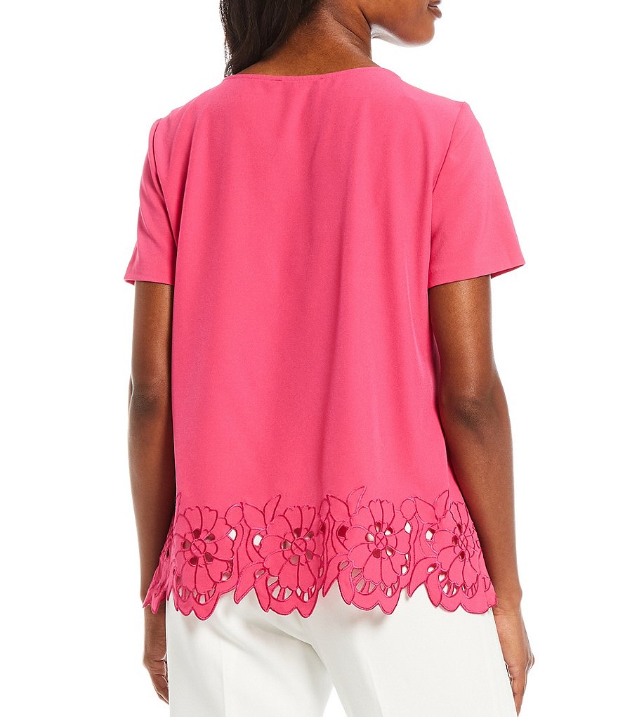Preston & York Pat Laser Cut Floral Hem Crew Neck Short Sleeve Blouse