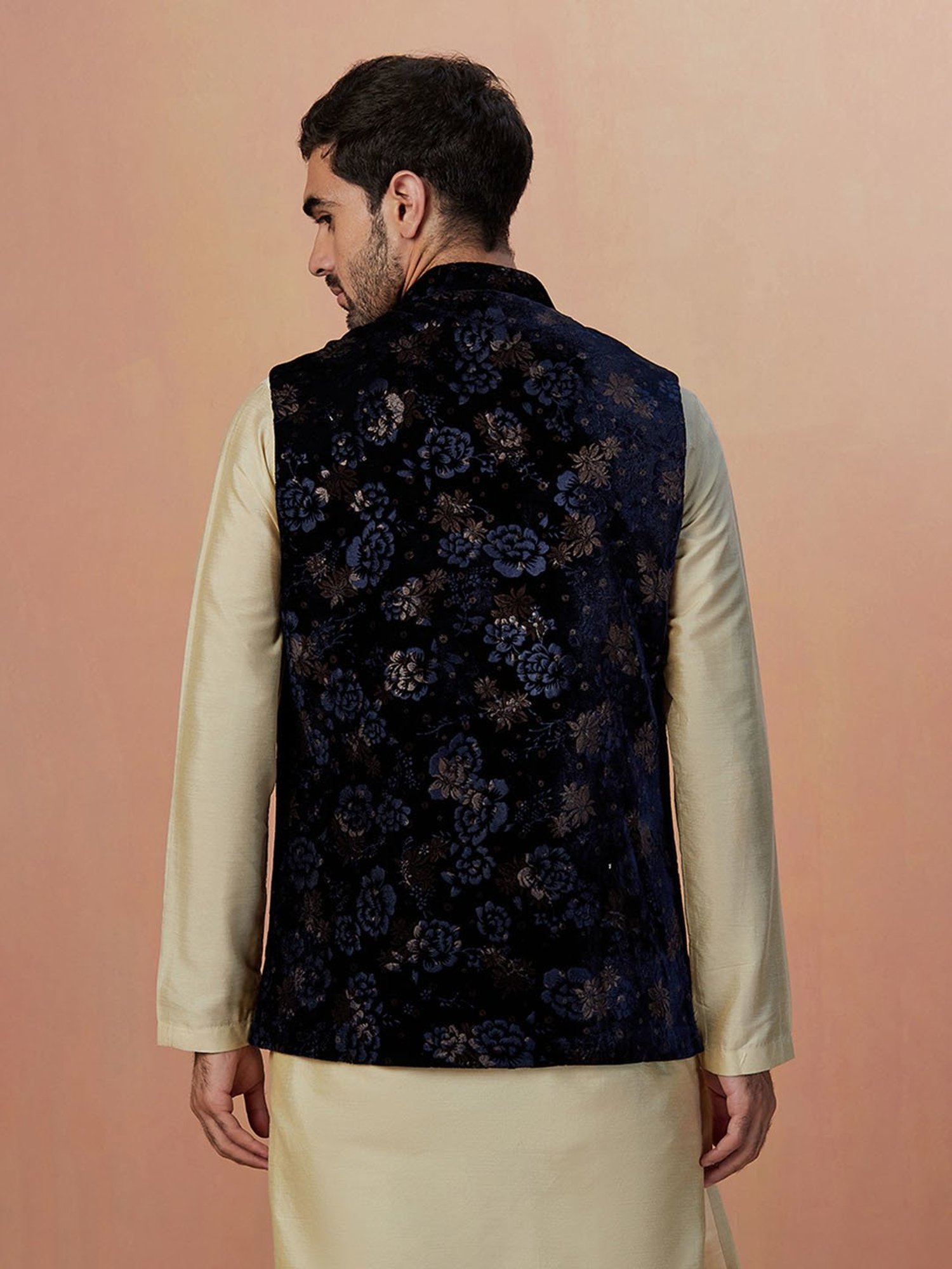 Manyavar Dark Navy Regular Fit Floral Print Nehru Jacket
