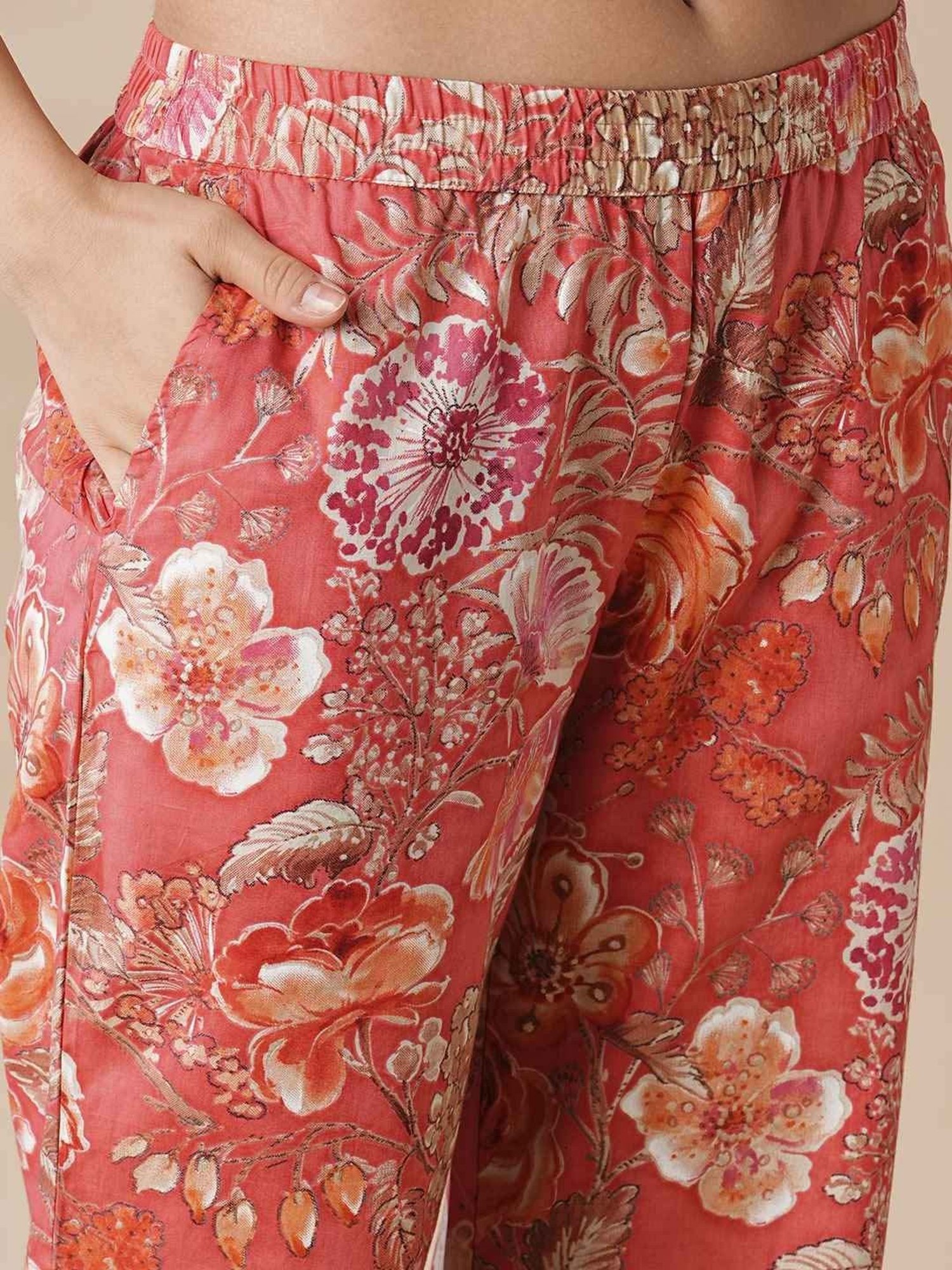 Fashor Coral Cotton Floral Print Kurti Pant Set