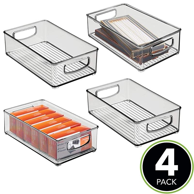 Stackable Plastic Home Office Storage Organizer Container with Handles for Cabinets, Drawers, Desks, Workspace - BPA Free - for Pencils, Highlighters, Notebooks - 6" Wide, 4 Pack - Smoke Gray