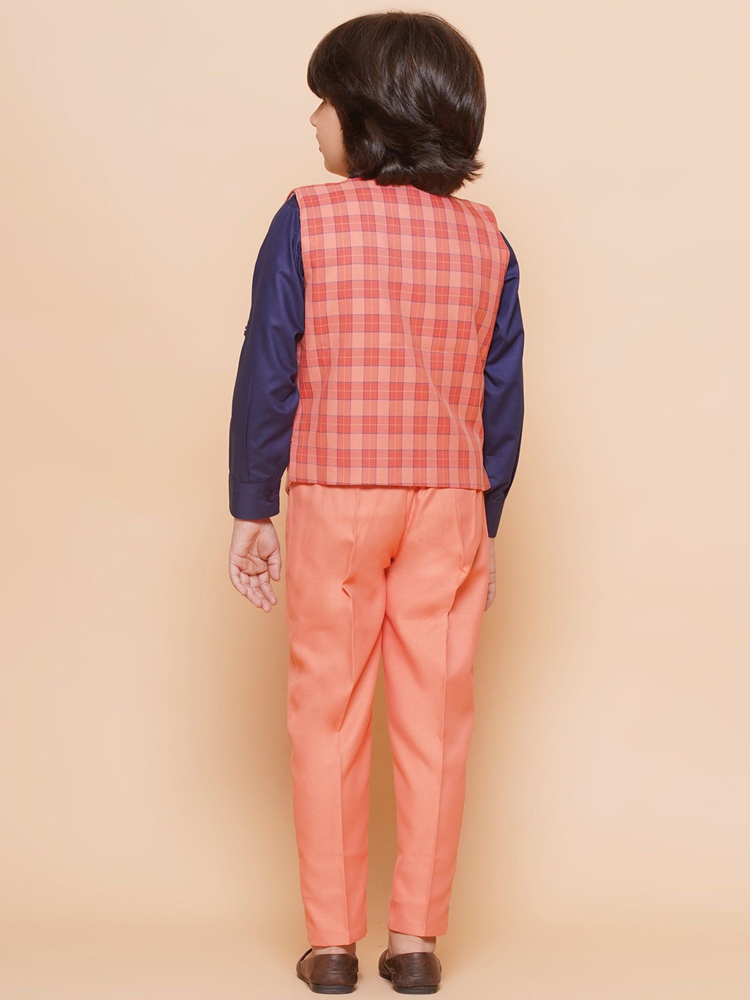 AJ Dezines Kids Peach & Navy Checks Full Sleeves Shirt, Pants, Waistcoat with Bow Tie