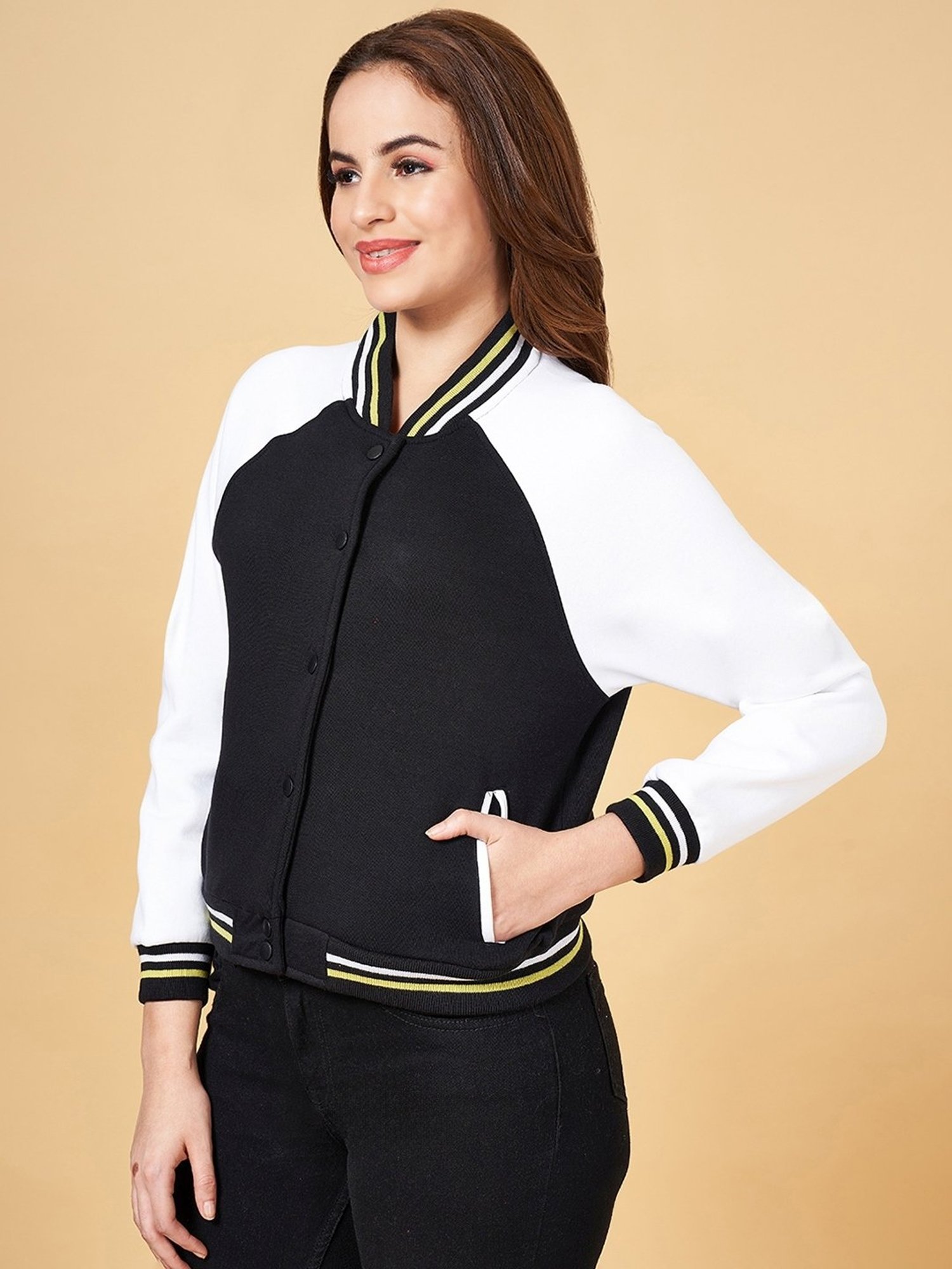 People by Pantaloons Black & White Cotton Color-Block Sweatshirt