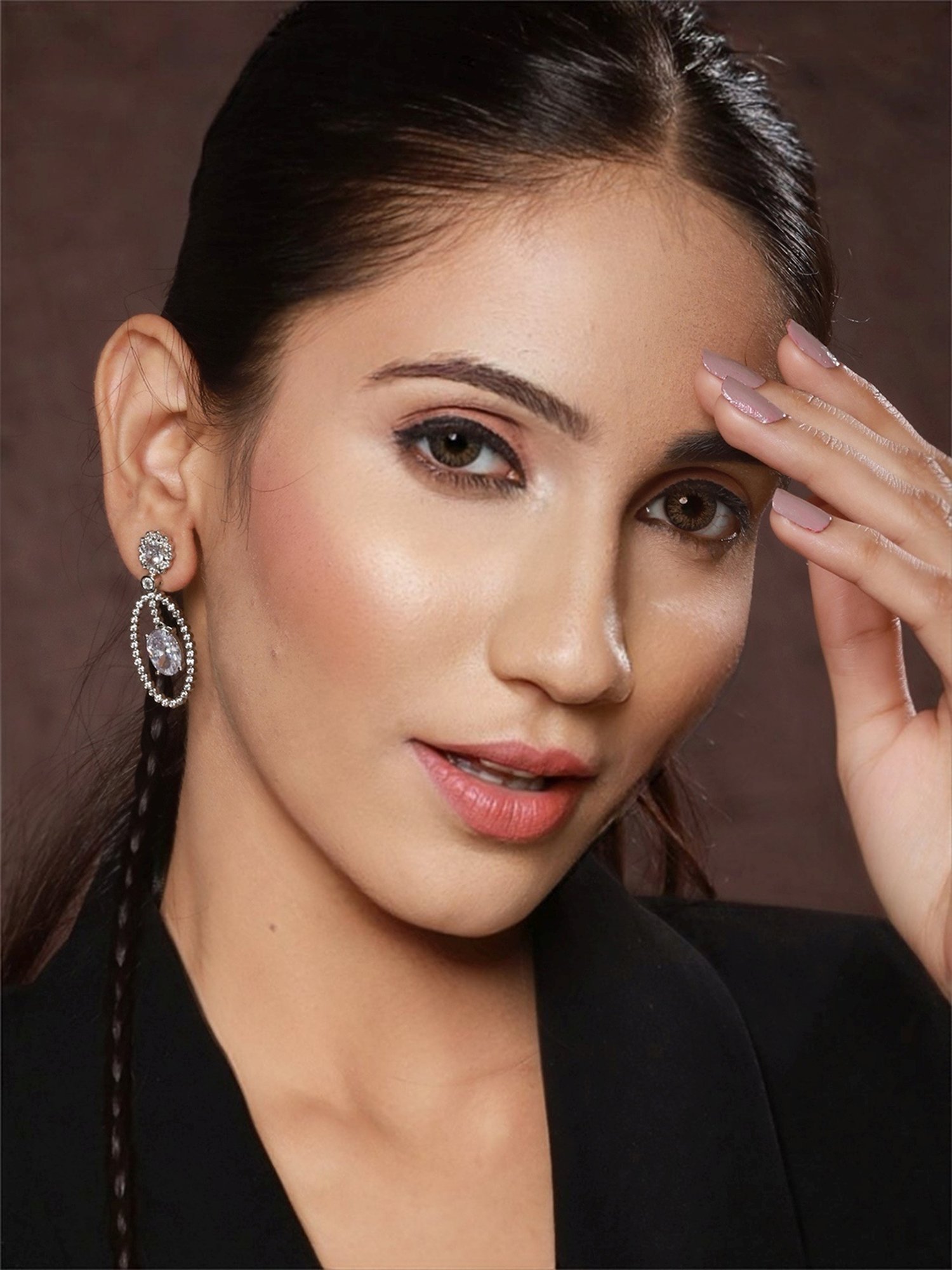 Priyaasi White Floral Oval Stone Studded Silver-Plated Drop Earrings