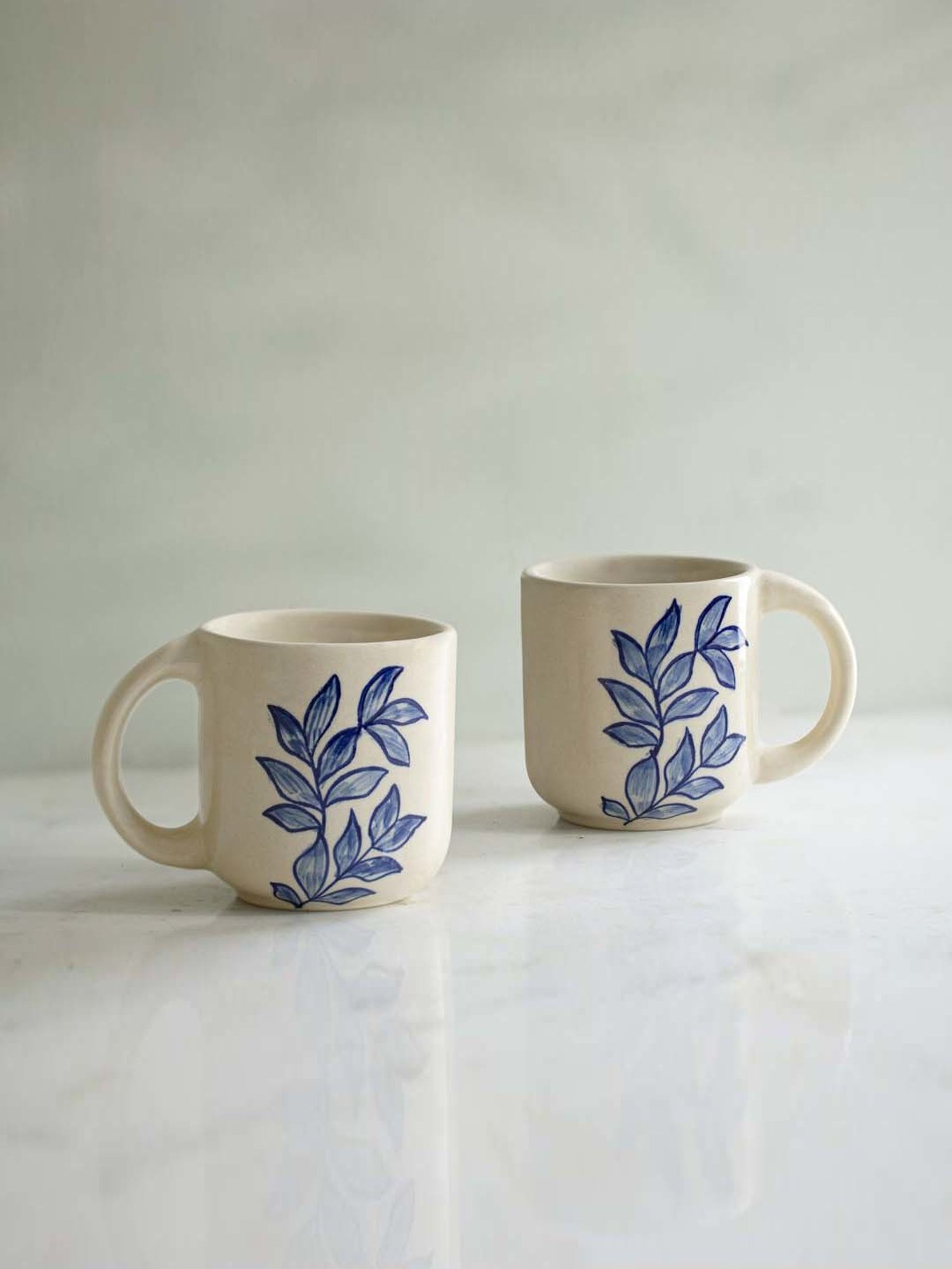 Ellementry Livada Off-White & Blue Ceramic Mug (0.2 L) - Set of 2