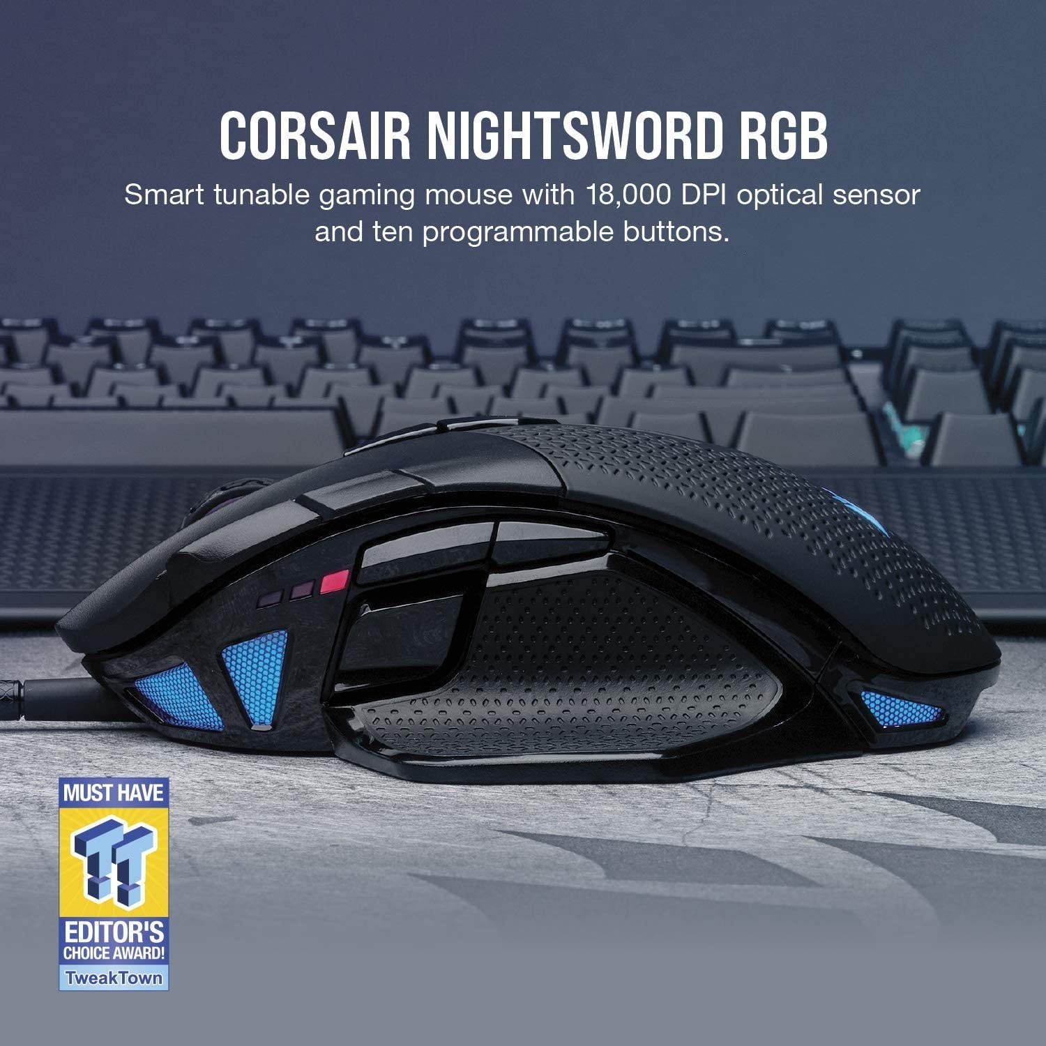 Corsair Nightsword RGB, Performance Tunable FPS/MOBA Gaming Mouse, Black, Backlit RGB LED, 18000 DPI, Optical