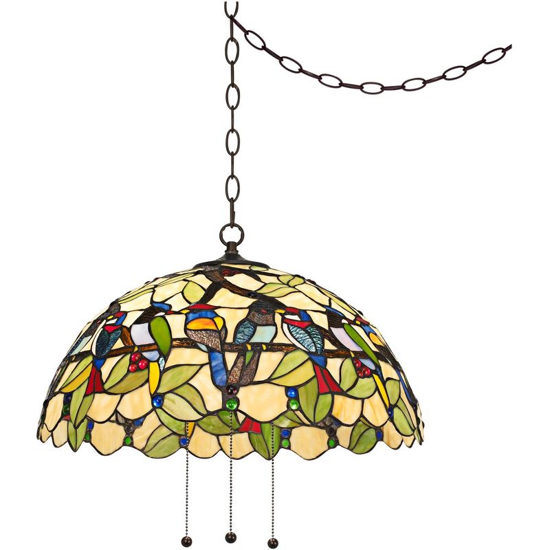 Robert Louis Tiffany Bronze Plug In Swag Pendant Chandelier 20" Wide Tiffany Style Tropical Birds Stained Glass for Kitchen Island