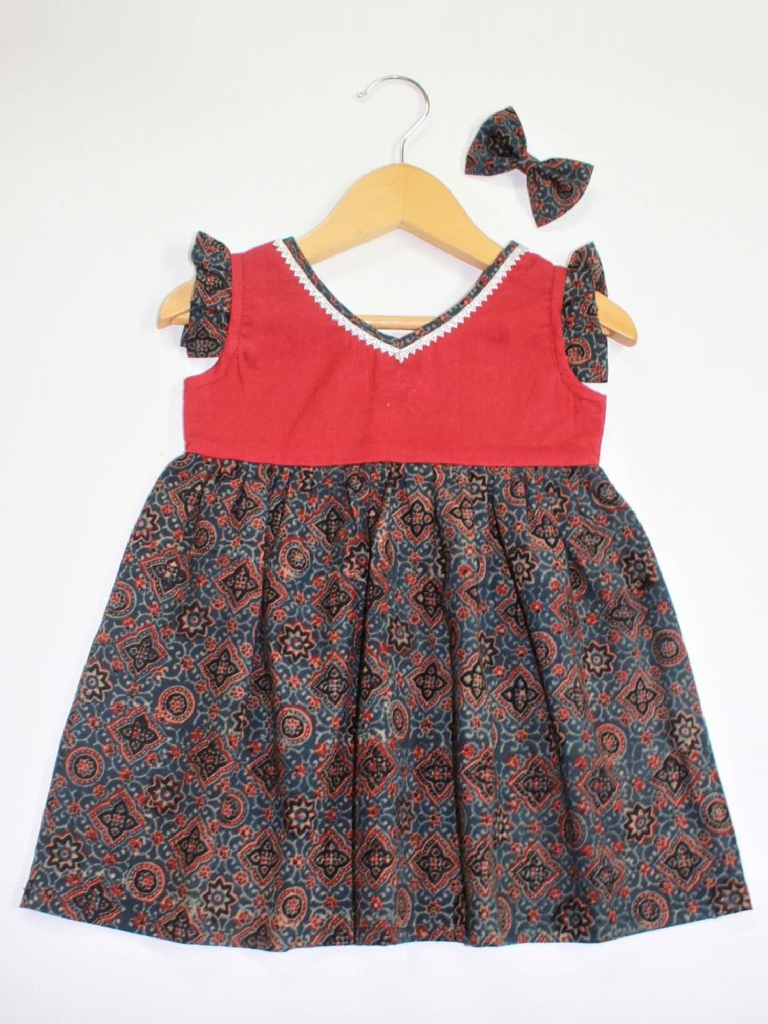 Many Frocks Kids Maroon & Grey Cotton Printed Dress