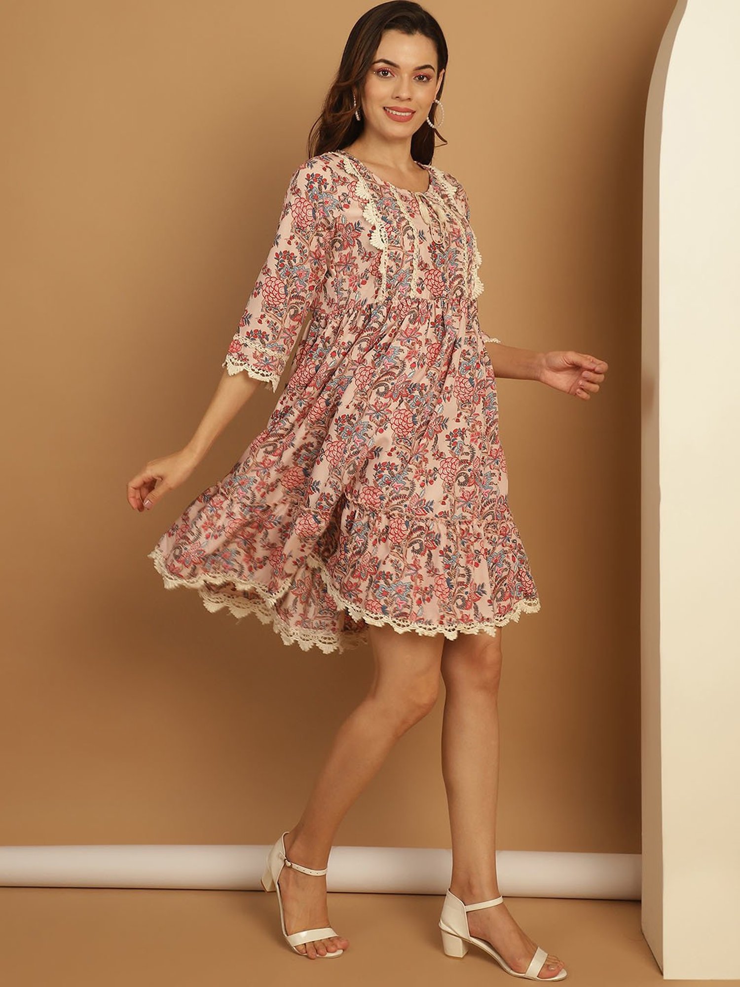 Indian Needle Pink Printed Ethnic Dress