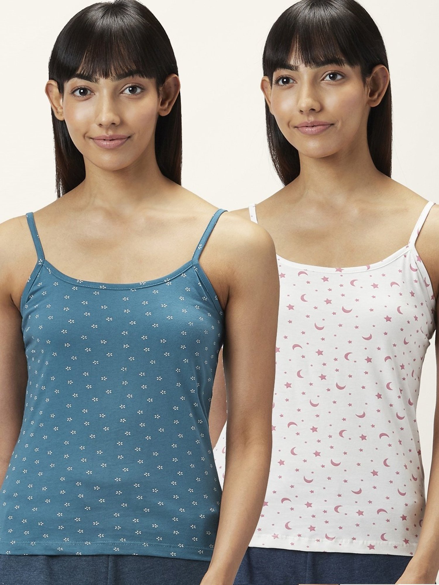 Dreamz by Pantaloons White & Blue Cotton Printed Camisoles - Pack Of 2