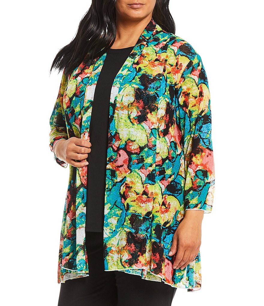 Ali Miles Plus Size 3/4 Sleeve Printed Onionskin Jacket