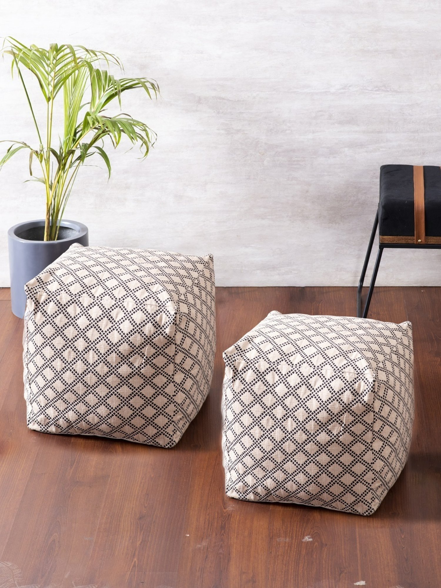 Nestroots Printed Beige Cotton Foot Stool Floor Cushions with Filler - Set of 2